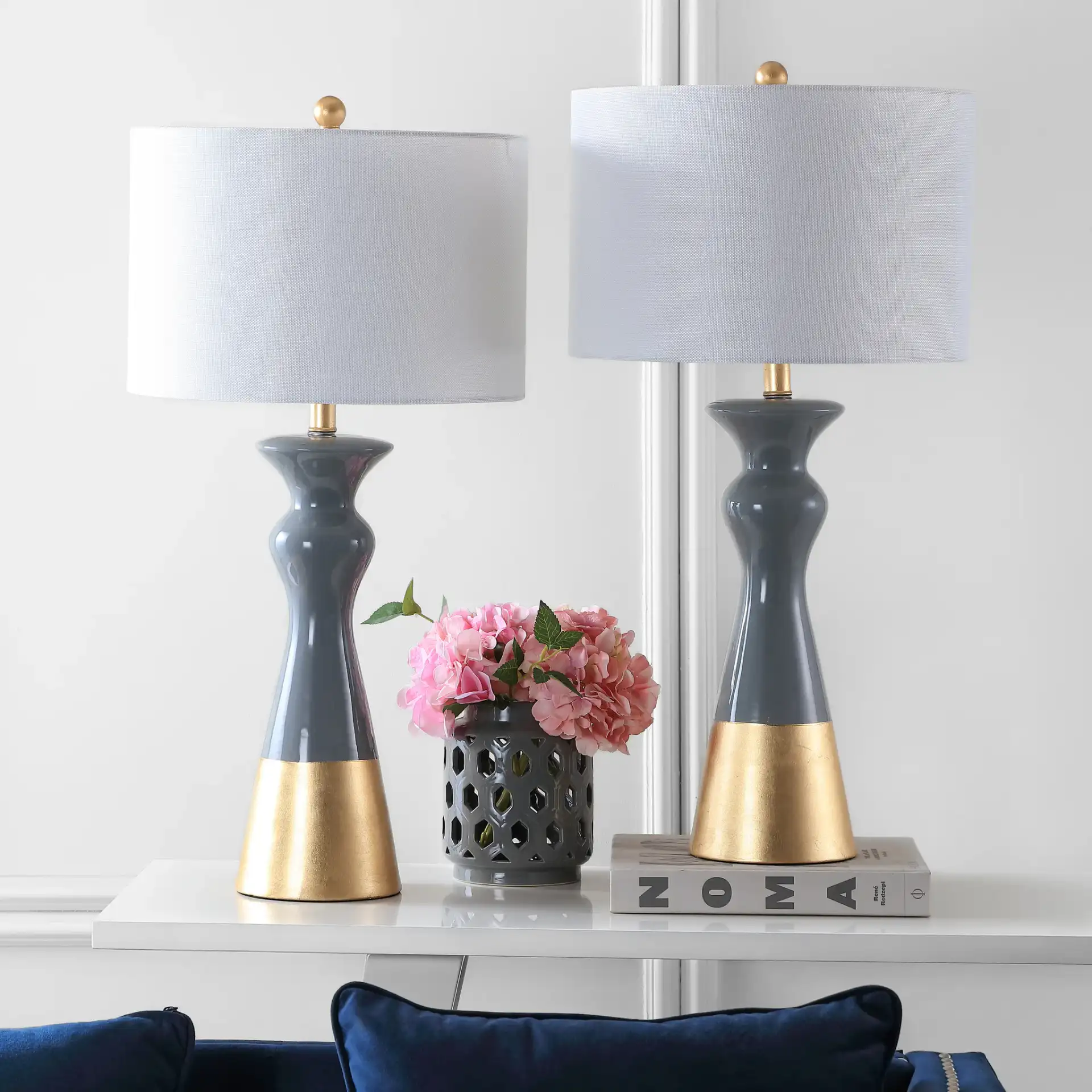 Iris Table Lamp (Set Of 2) in Gray / Gold in a styled room