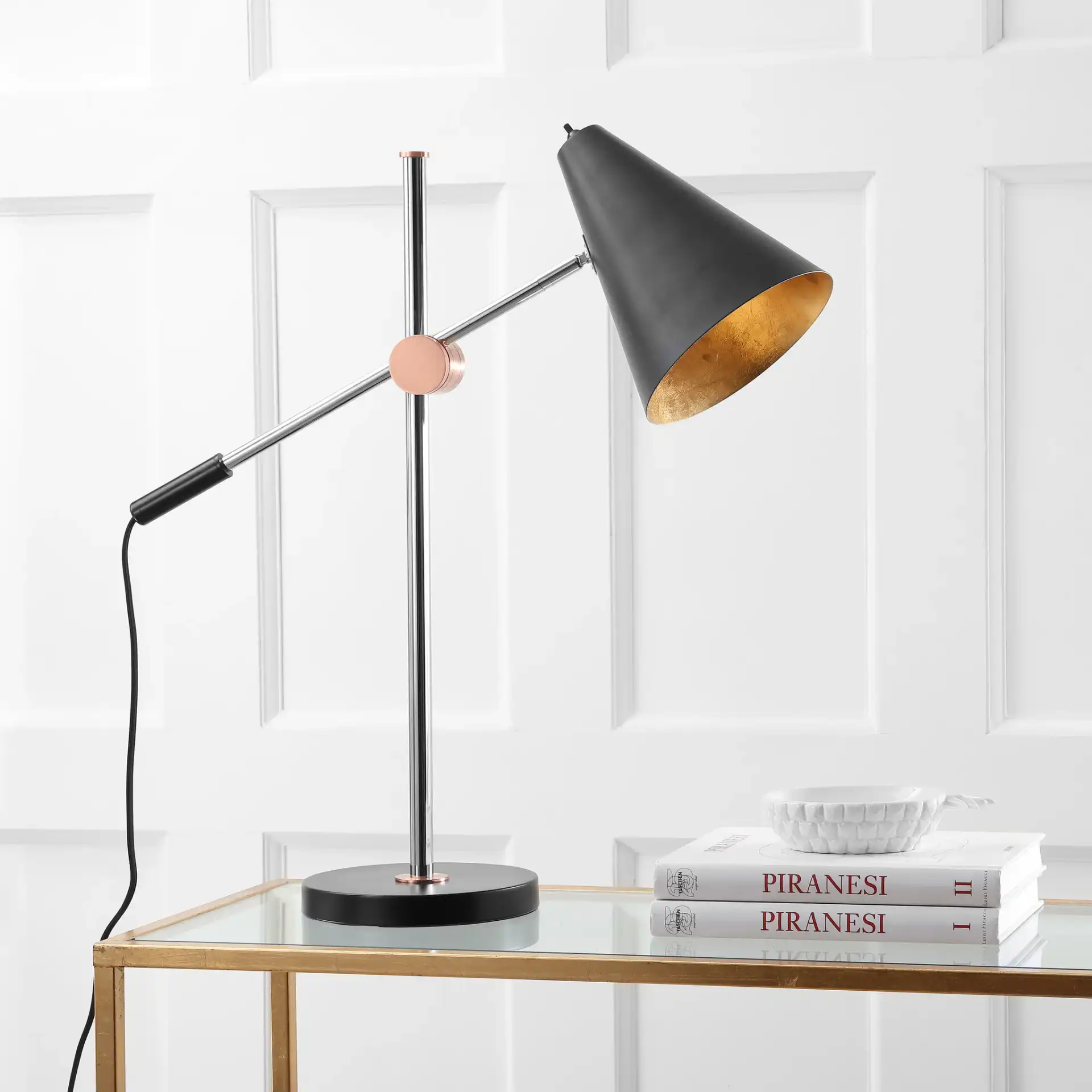 Alexus Table Lamp in Chrome / Black in a styled room