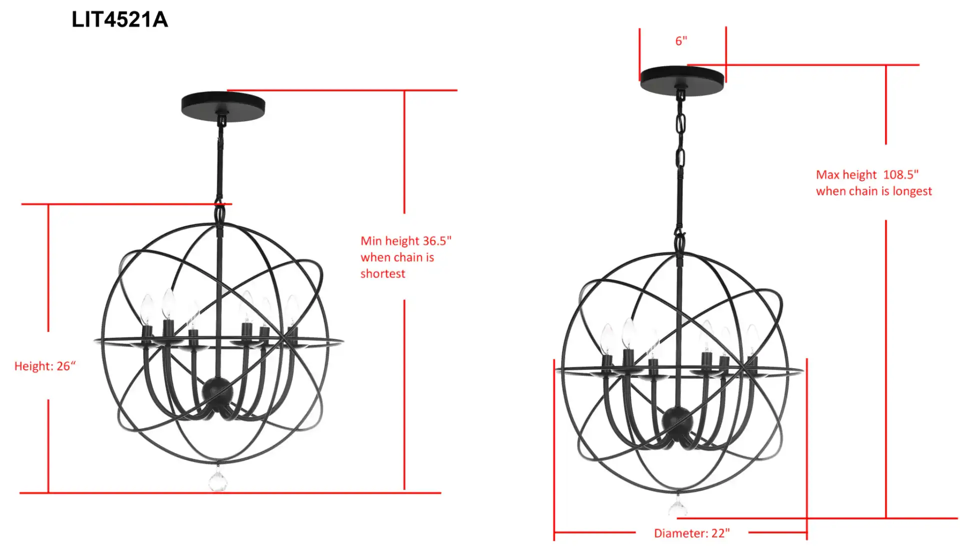 Evie Chandelier in Black, detail view