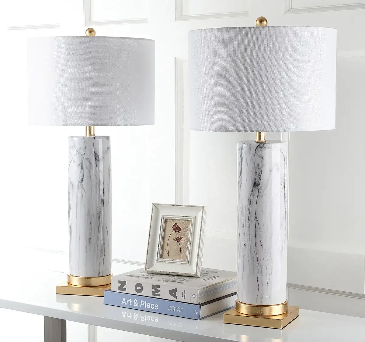 Abner Table Lamp (Set of 2) in Black / White in a styled room