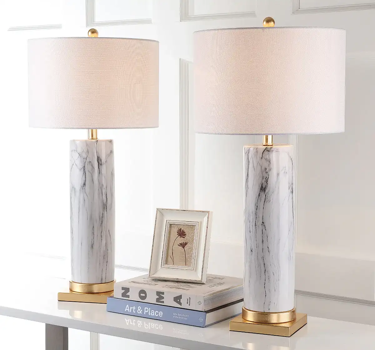 Abner Table Lamp (Set of 2) in Black / White in a styled room