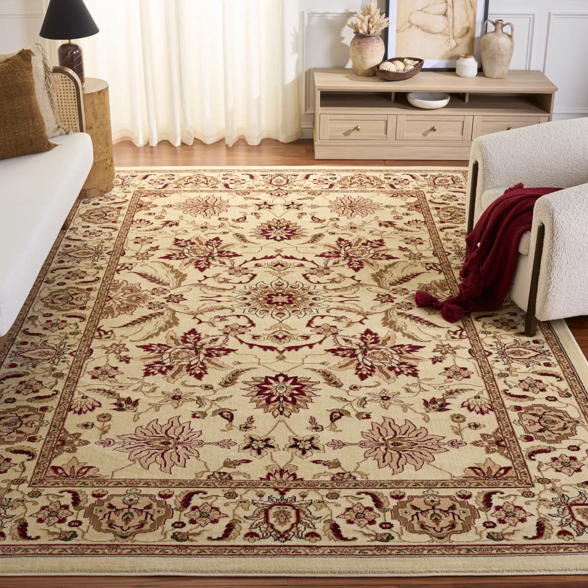 Lyndhurst Bordered Floral Medallion Rug in Ivory in a styled room