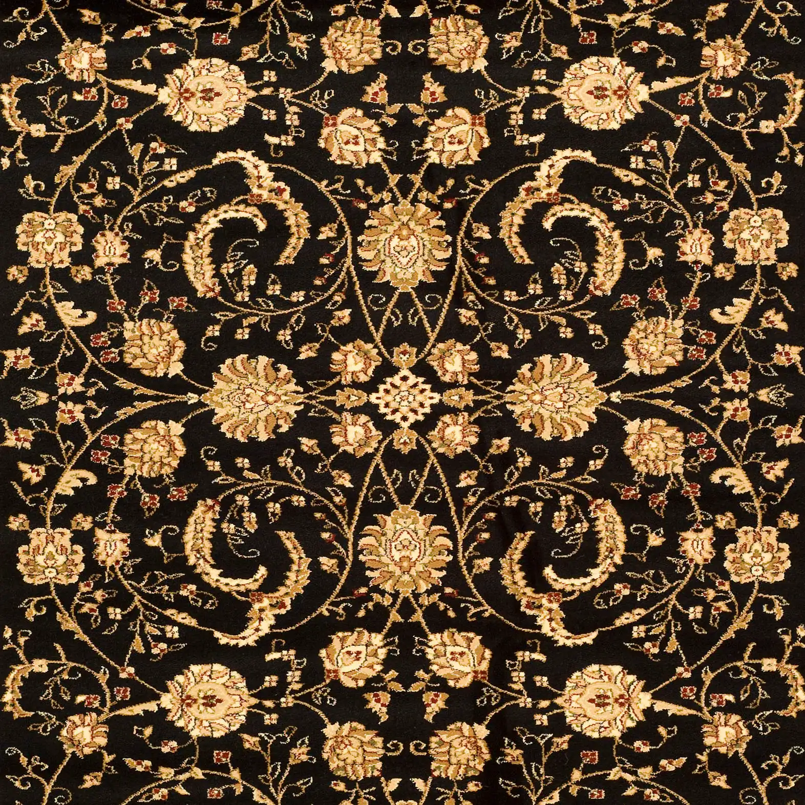 Lyndhurst Arabesque Bordered Rug in Black / Ivory in a styled room
