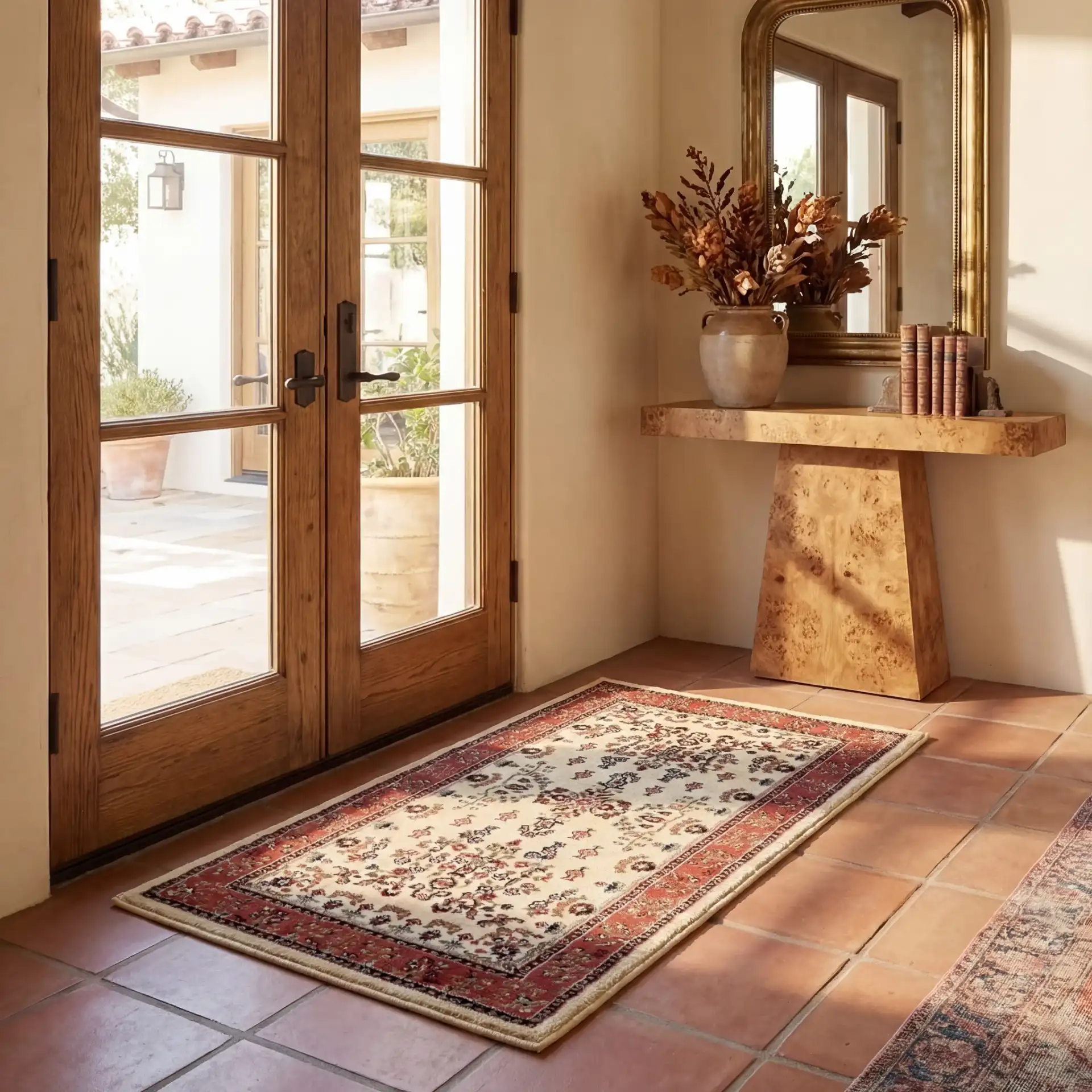 Lyndhurst Bordered Floral Rug in Ivory / Rust in a styled room