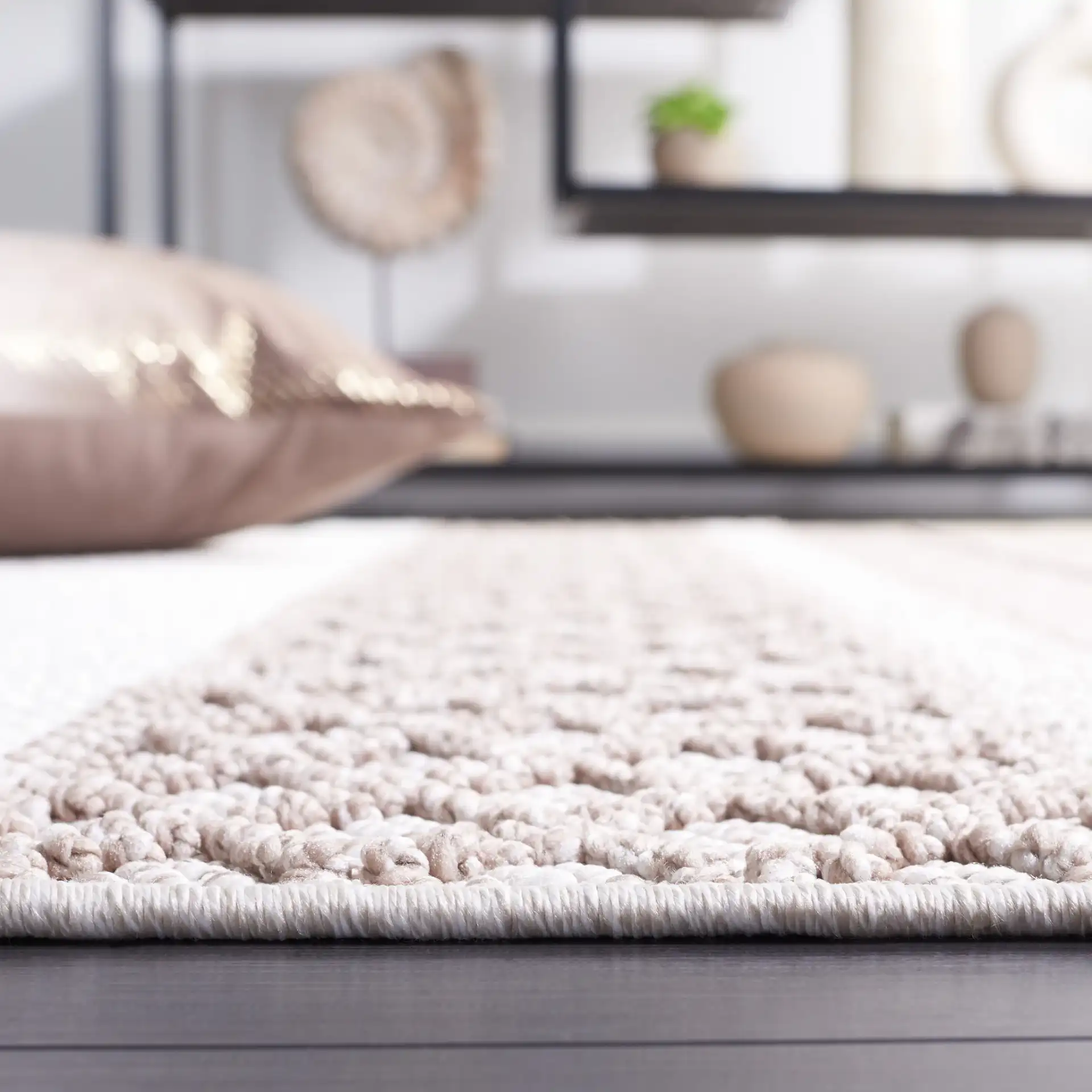 Lotus Banded Tribal Rug in Ivory / Beige in a styled room