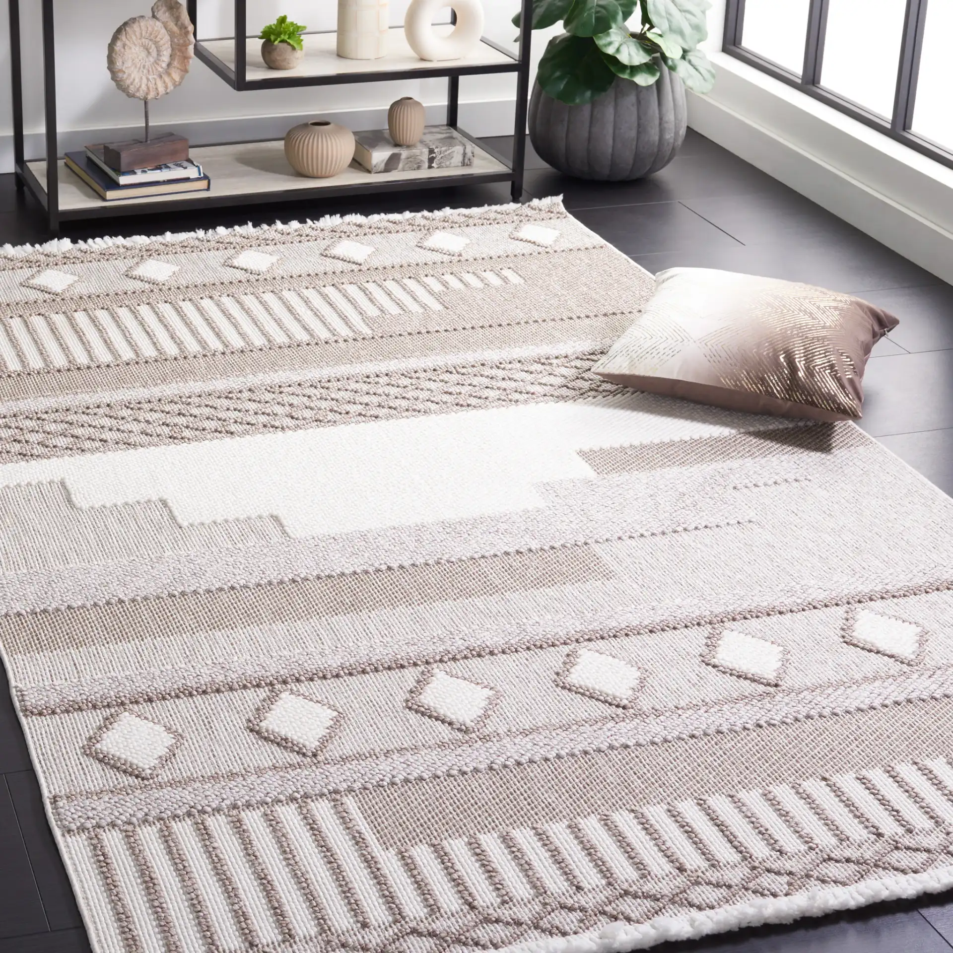 Lotus Banded Tribal Rug in Ivory / Beige in a styled room