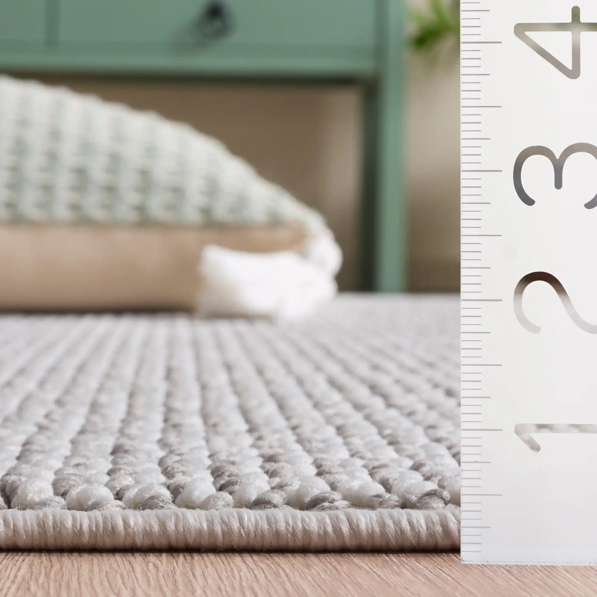 Lotus Solid Textured Rug in Light Gray / Ivory in a styled room