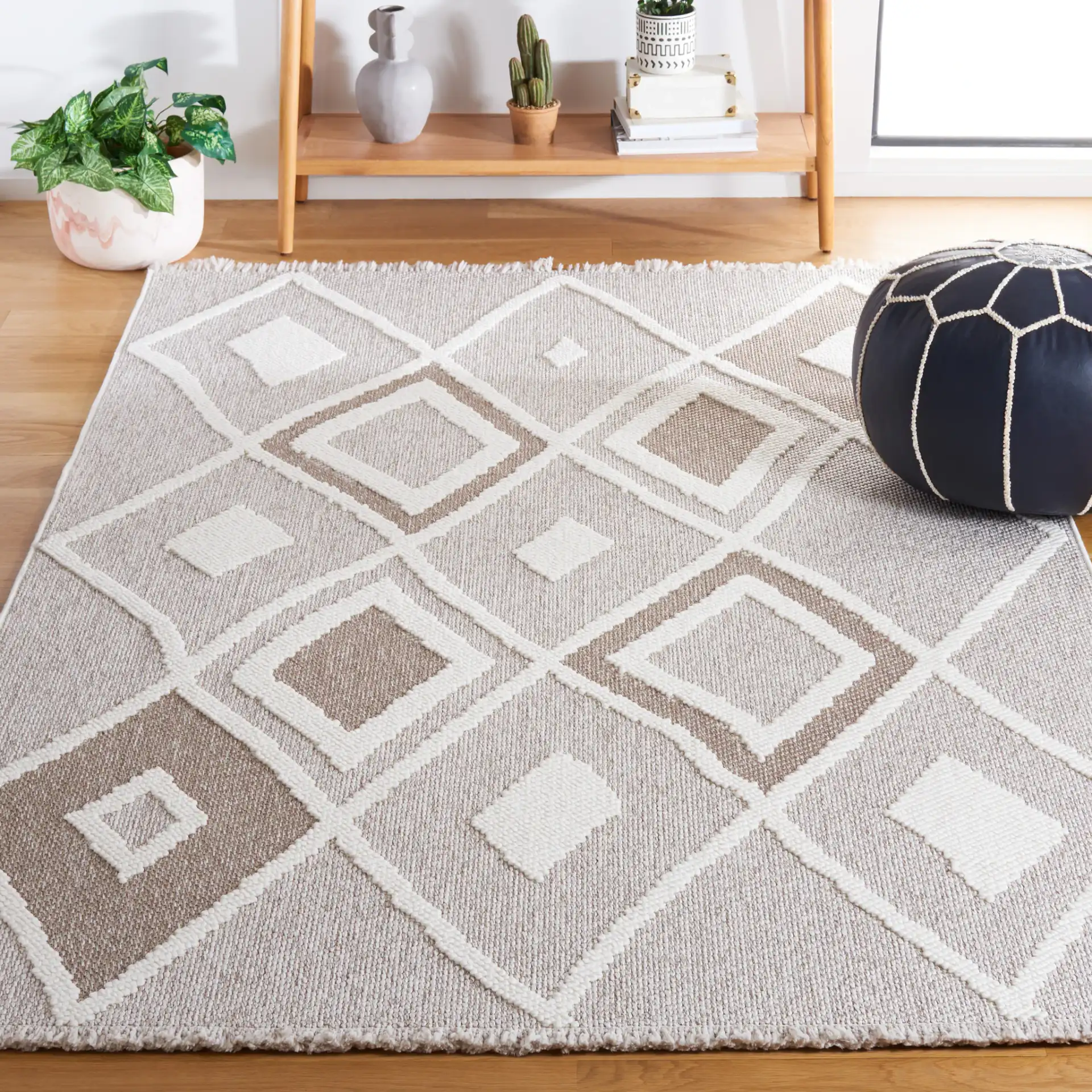 Lotus Nested Diamond Lattice Rug in Beige / Ivory in a styled room