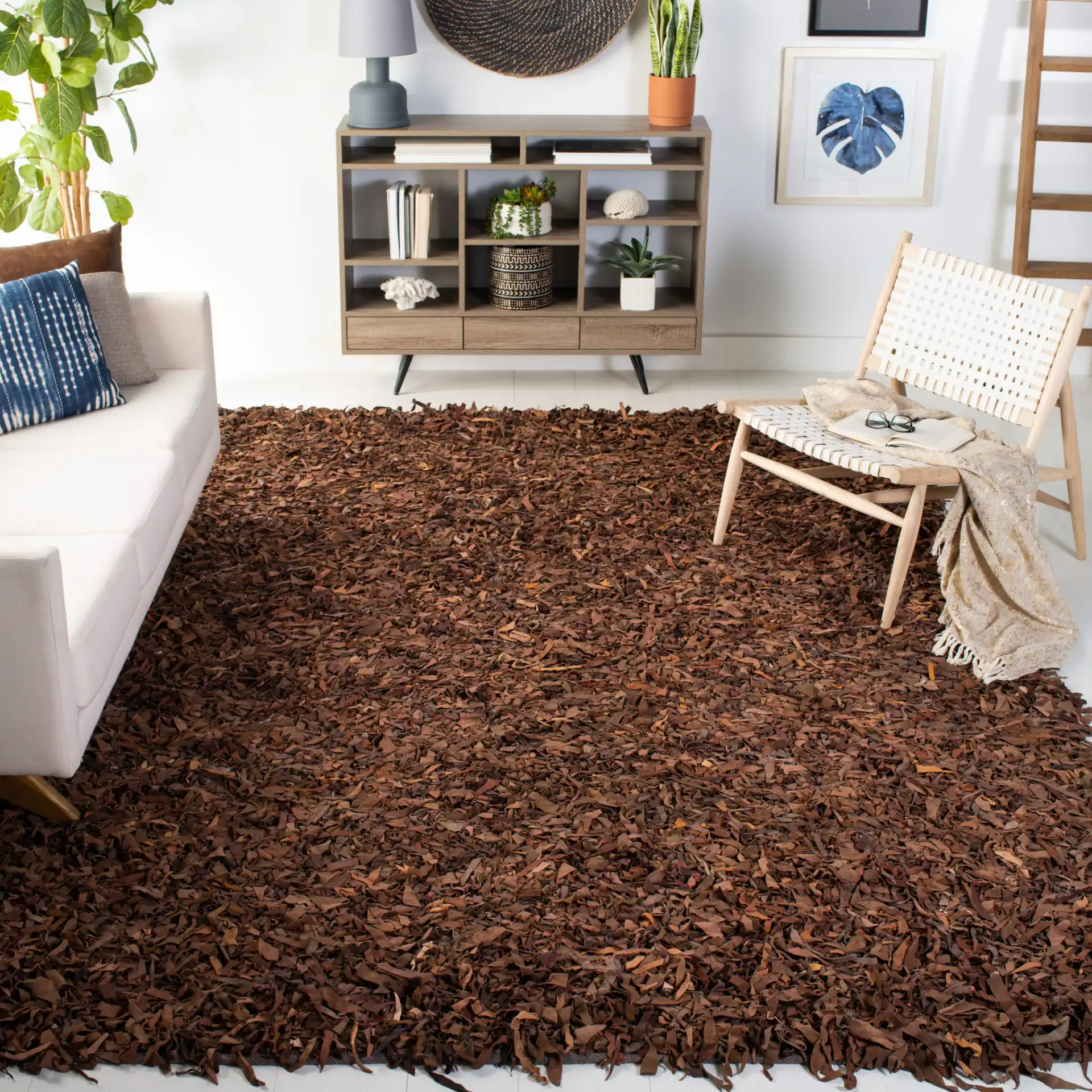 Leather Shag Solid Rug in Saddle in a styled room