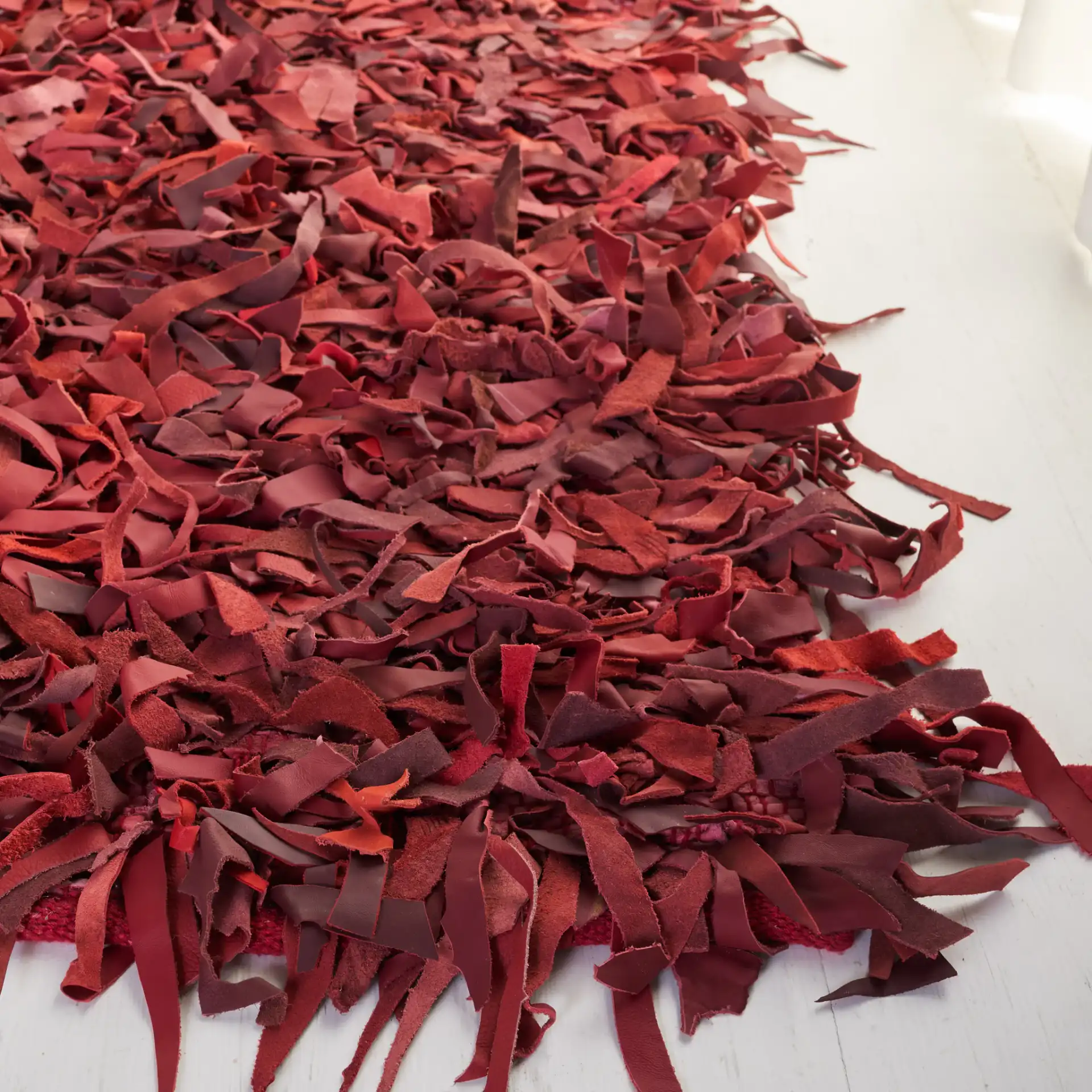 Leather Shag Solid Rug in Red in a styled room
