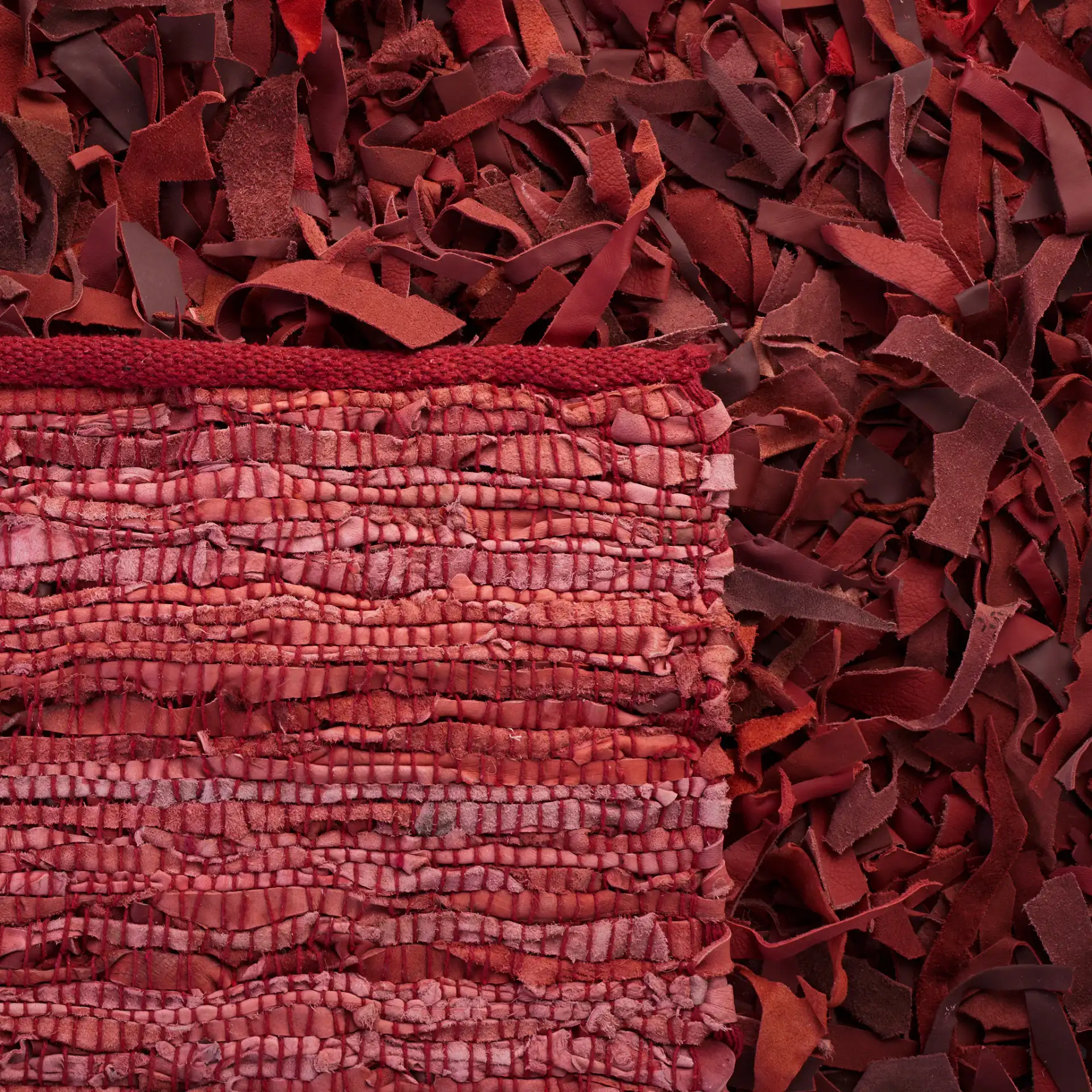 Leather Shag Solid Rug in Red in a styled room