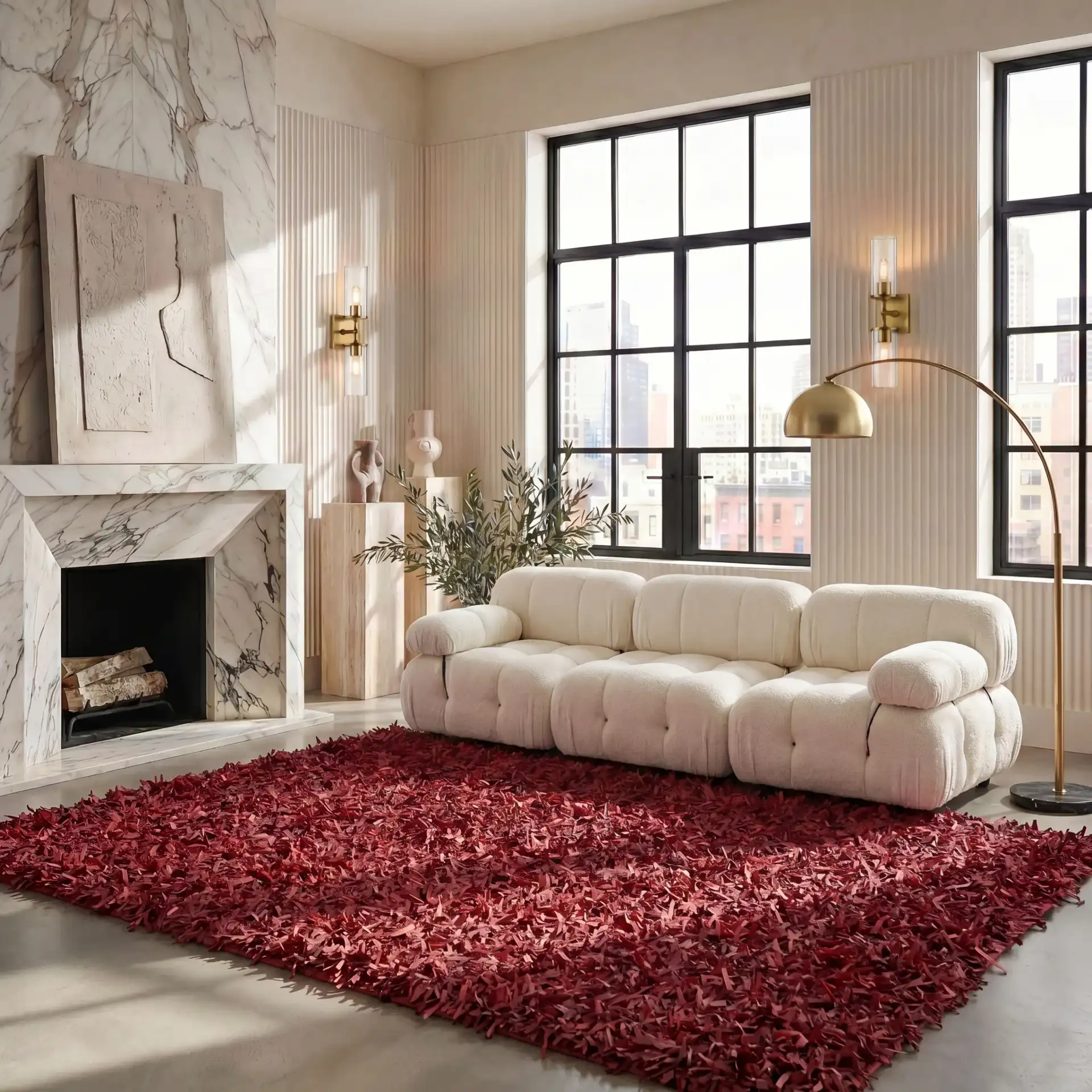 Leather Shag Solid Rug in Red in a styled room