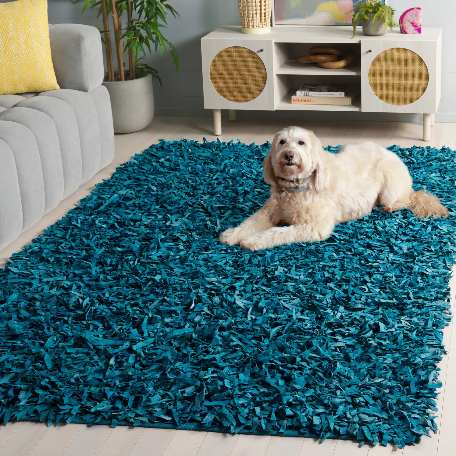 Leather Shag Solid Rug in Light Blue in a styled room
