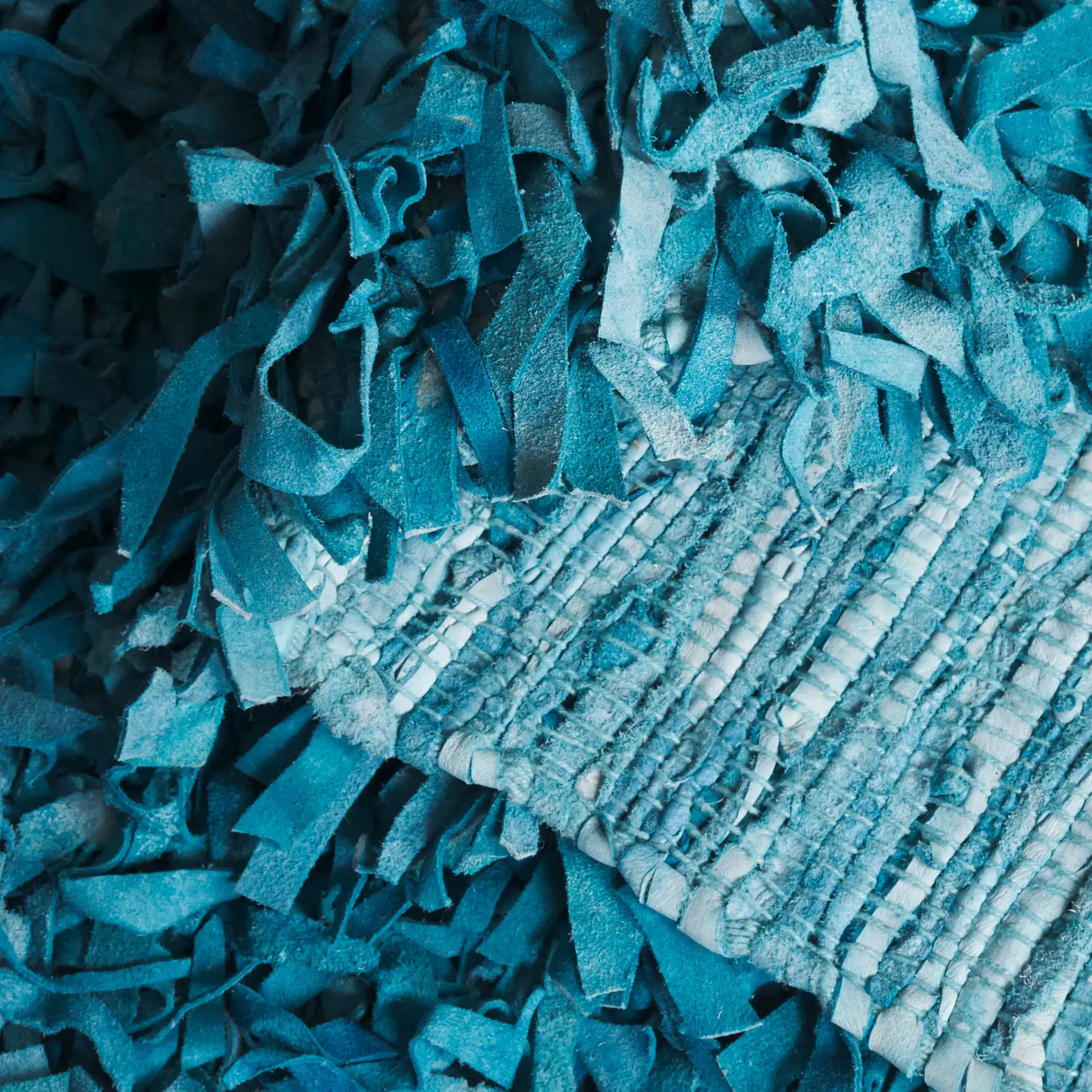 Leather Shag Solid Rug in Light Blue in a styled room