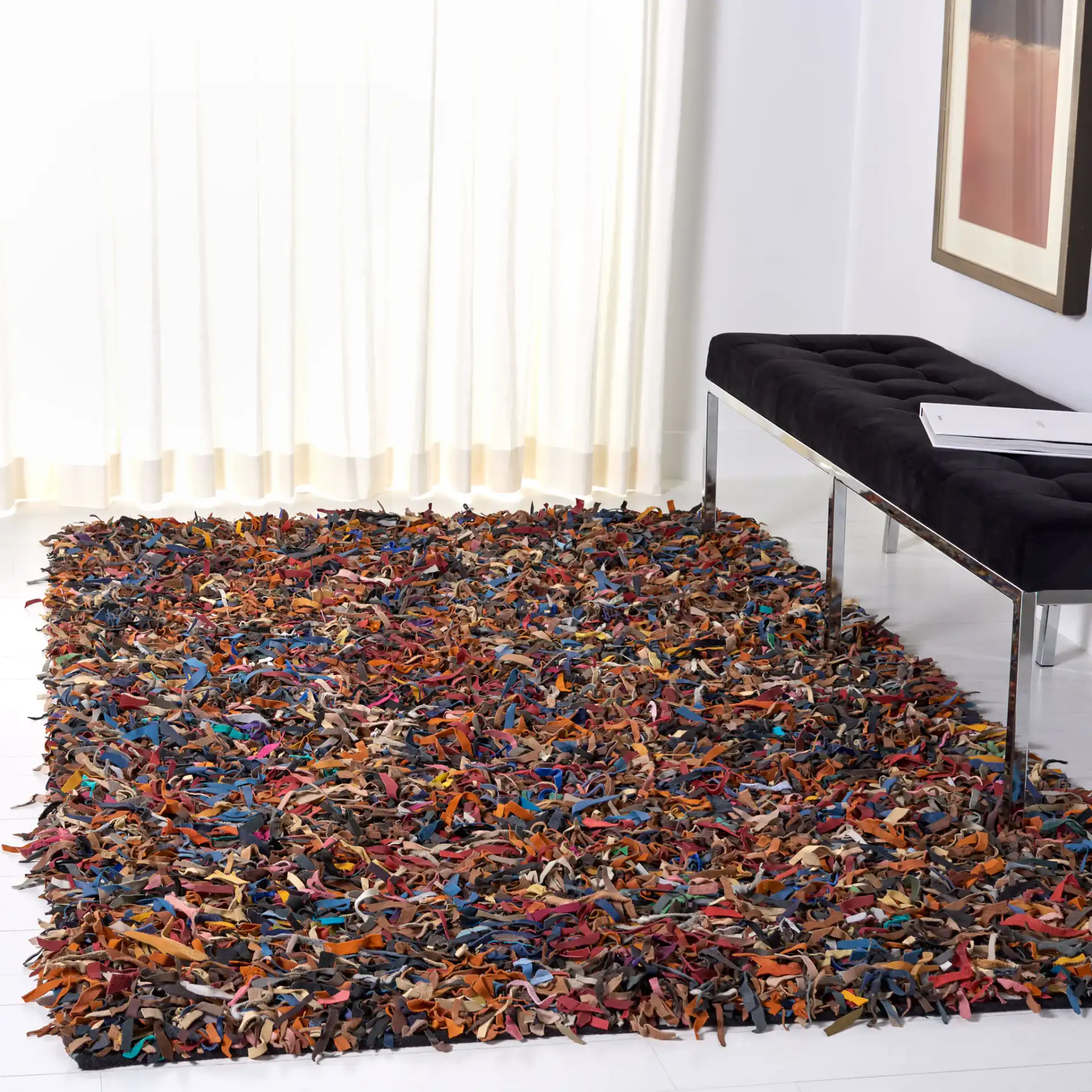 Leather Shag Solid Rug in Multicolor in a styled room