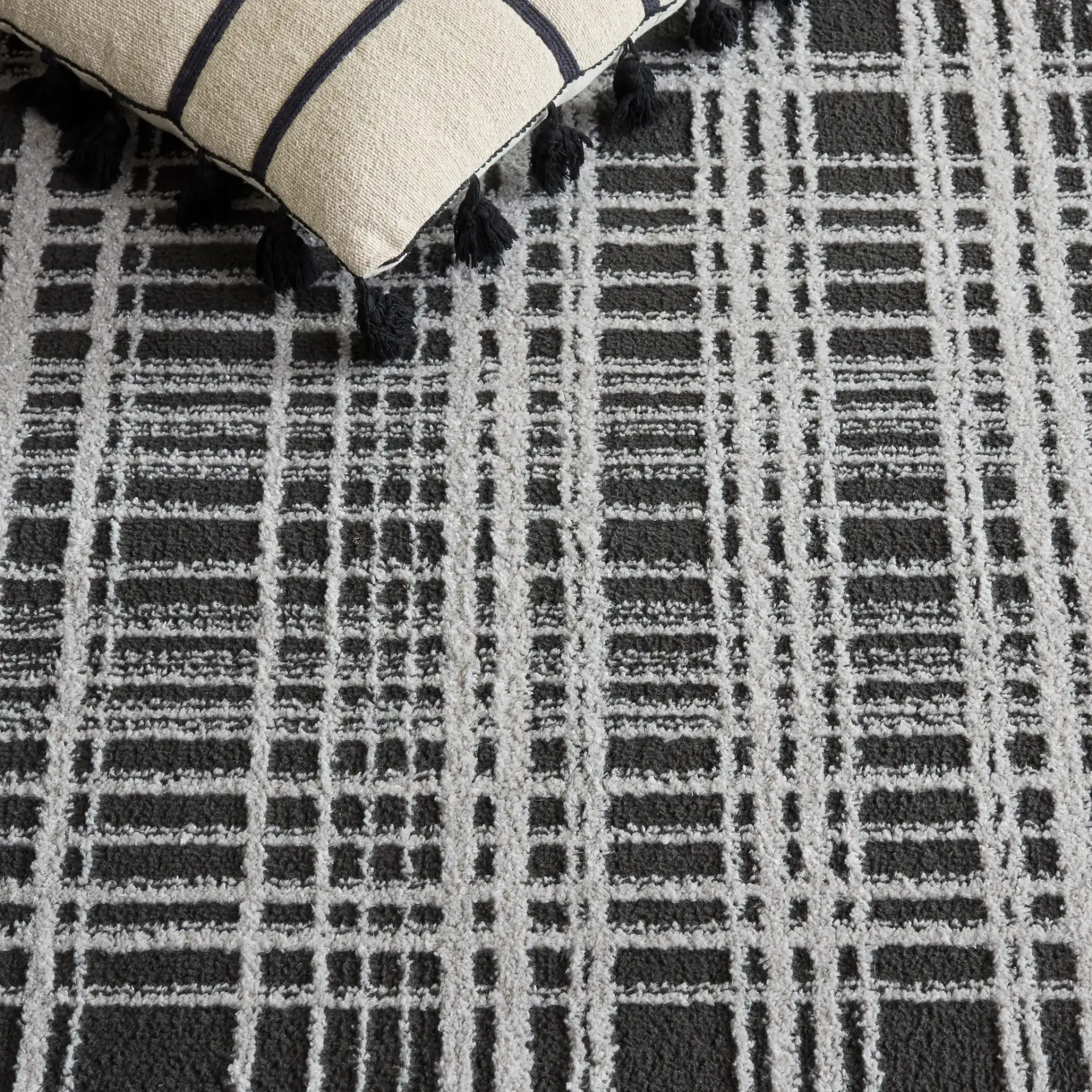 Lunara Plaid Bordered Rug in Black / Ivory in a styled room