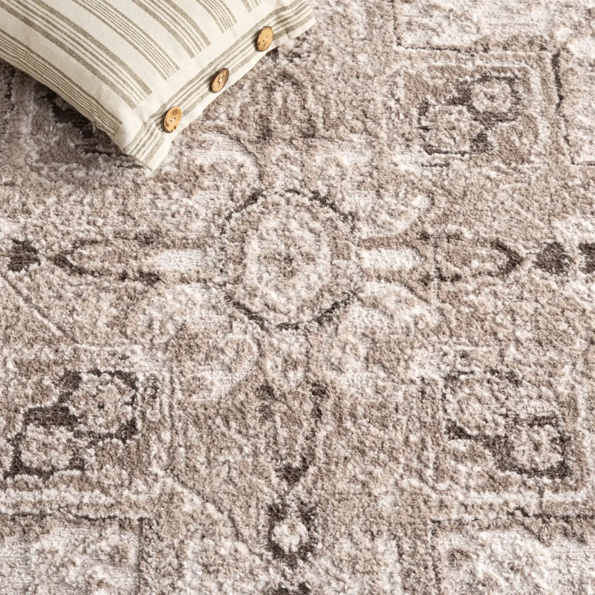 Lunara Medallion Rug in Beige / Ivory in a styled room