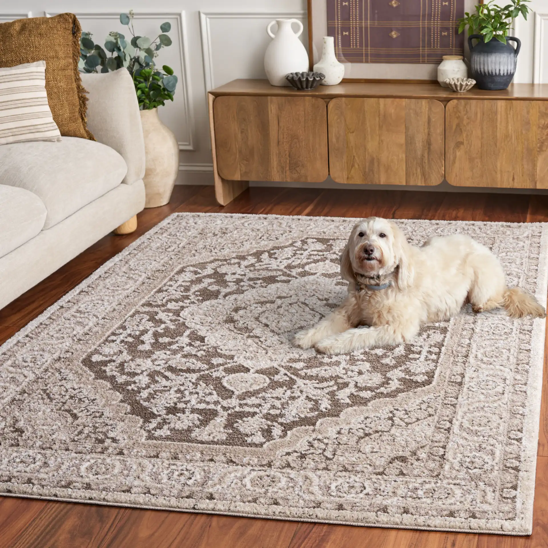 Lunara Floral Medallion Rug in Brown / Beige in a styled room