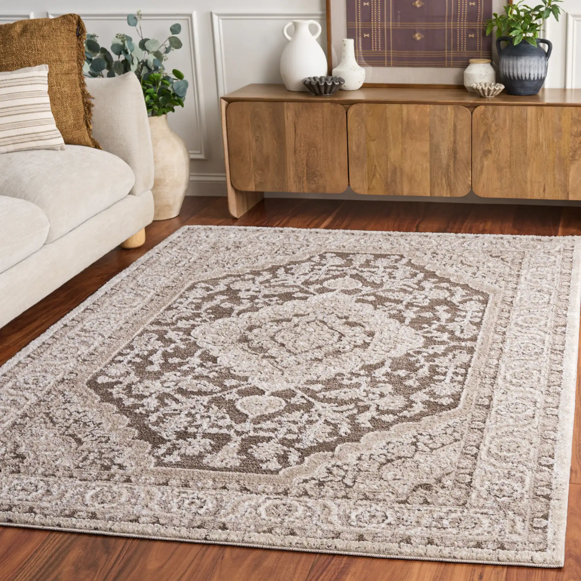 Lunara Floral Medallion Rug in Brown / Beige in a styled room