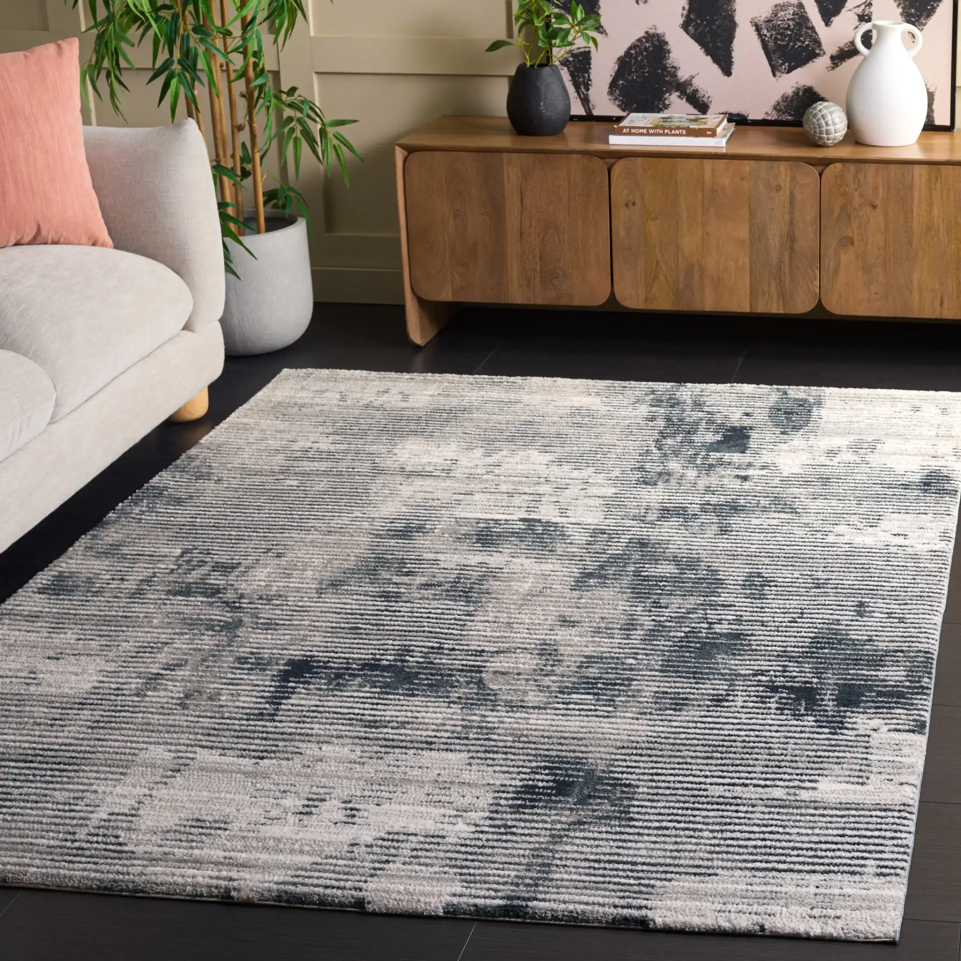Lunara Modern Striated Rug in Ivory / Blue in a styled room
