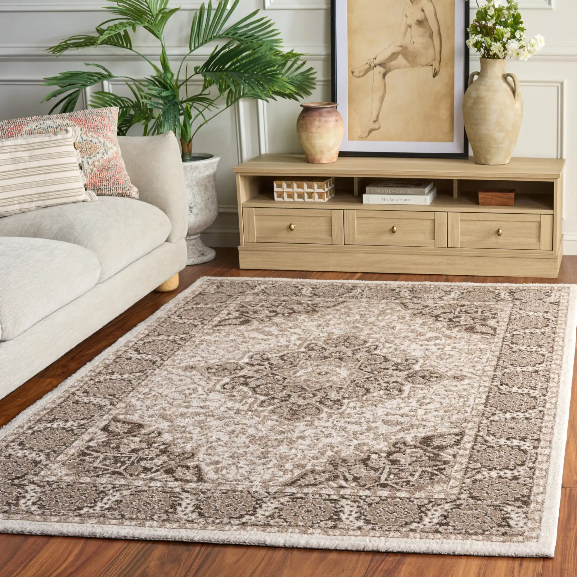 Lunara Traditional Medallion Rug in Beige / Brown in a styled room