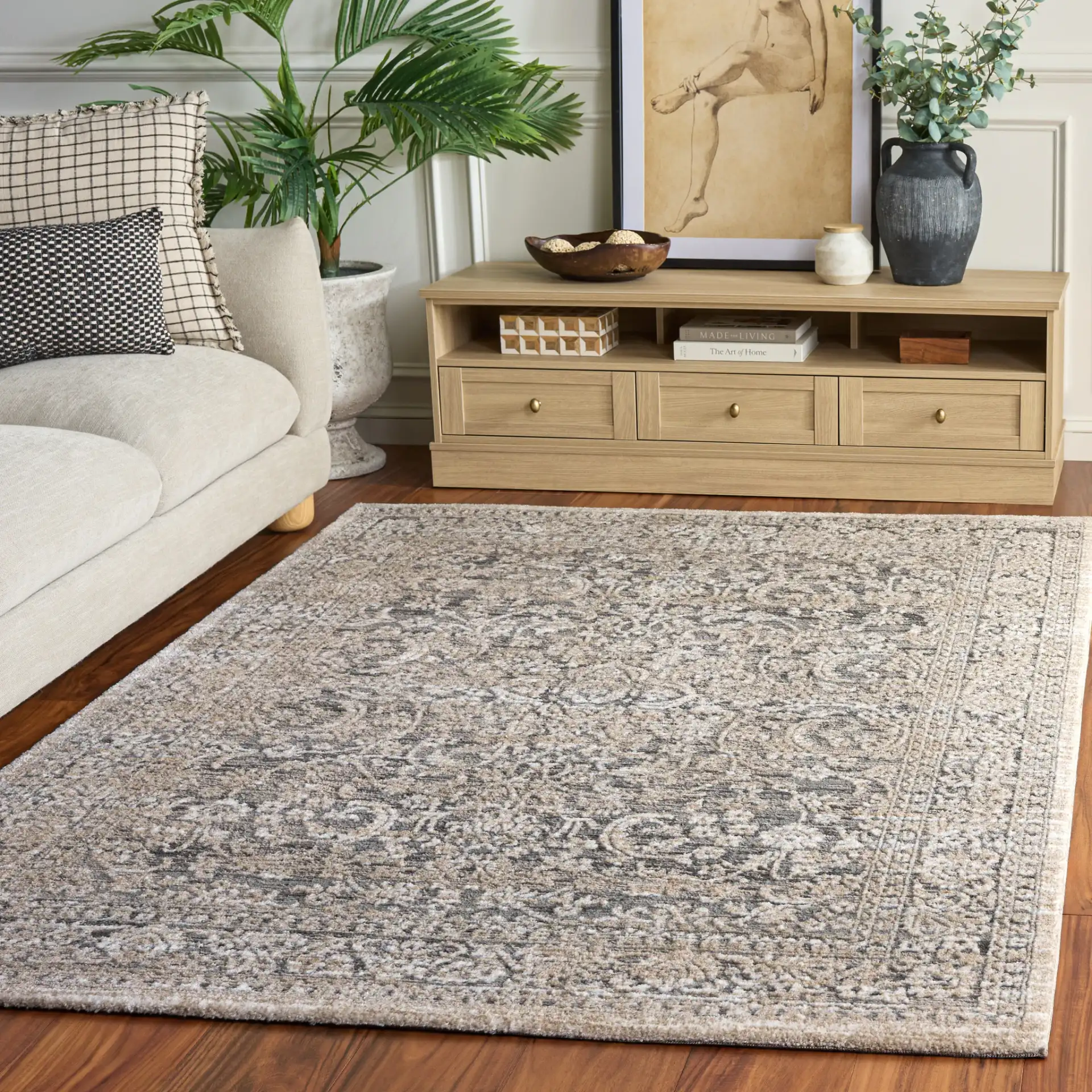 Lunara Transitional Damask Rug in Gray / Beige in a styled room