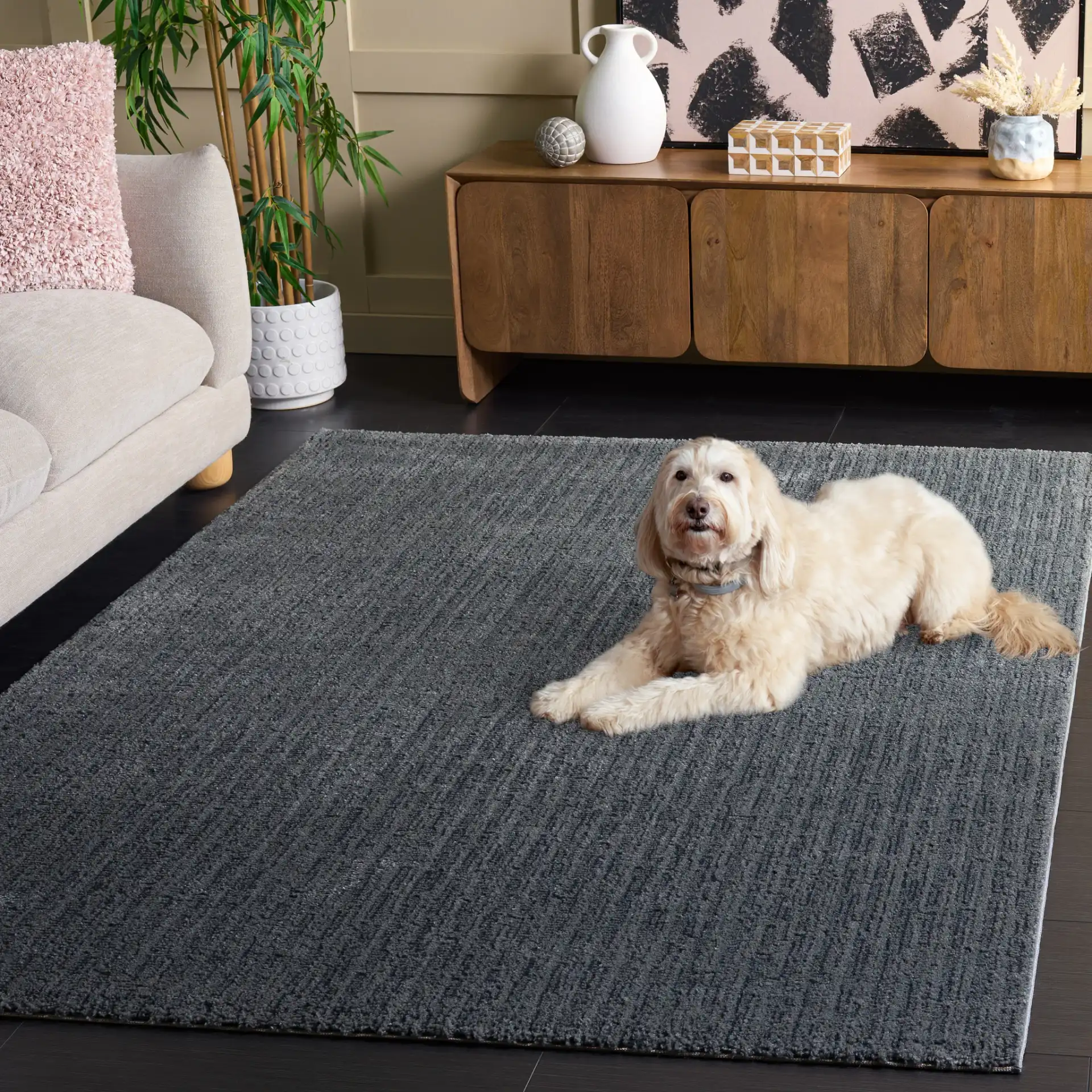 Lunara Modern Striated Rug in Blue / Dark Blue in a styled room