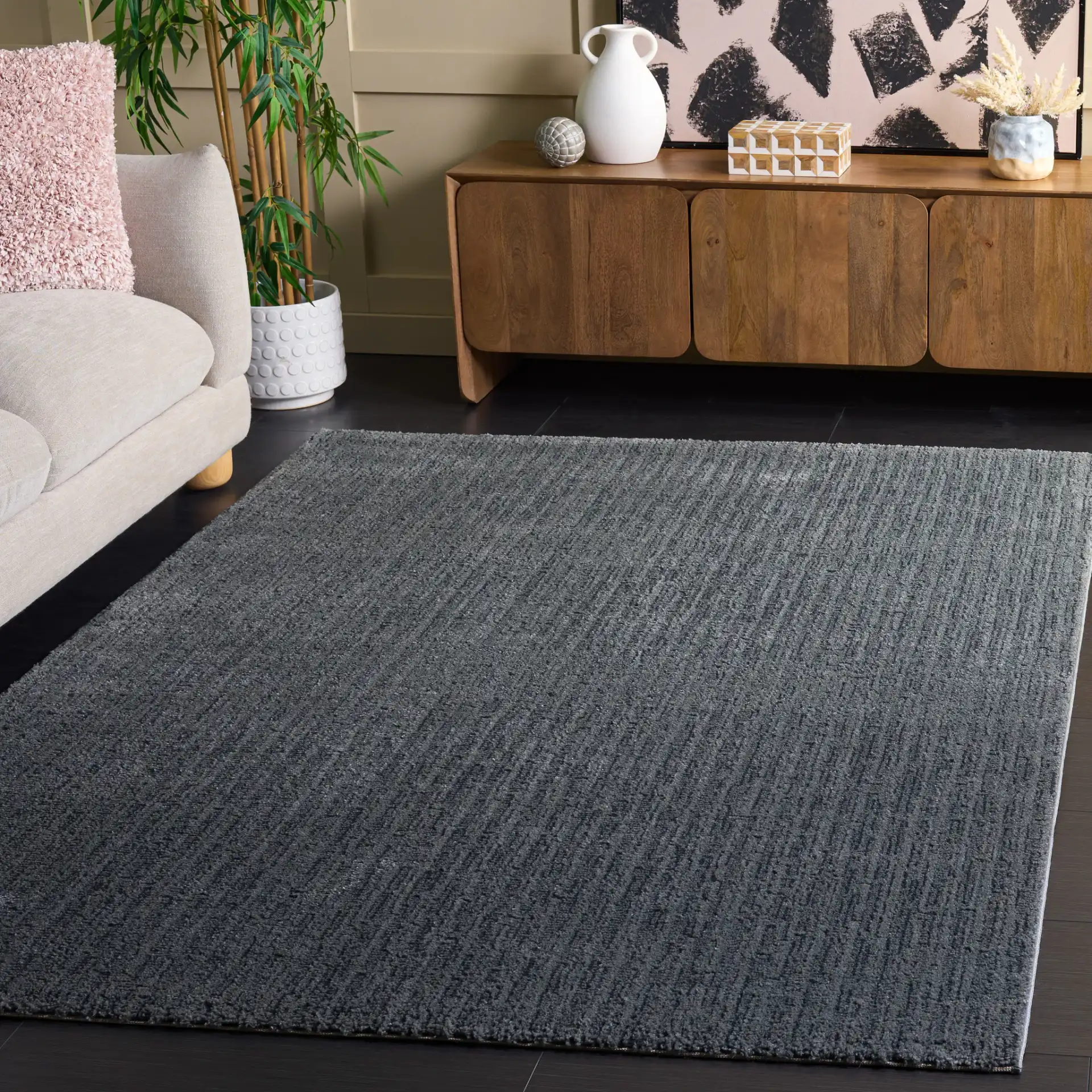 Lunara Modern Striated Rug in Blue / Dark Blue in a styled room