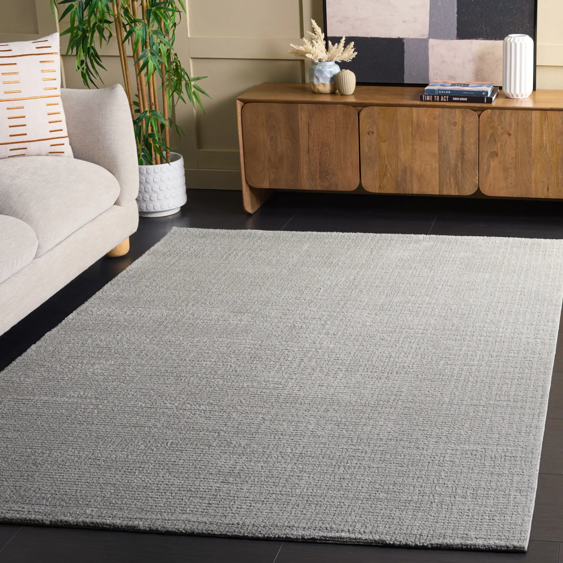 Lunara Modern Ribbed Rug in Gray / Light Gray in a styled room