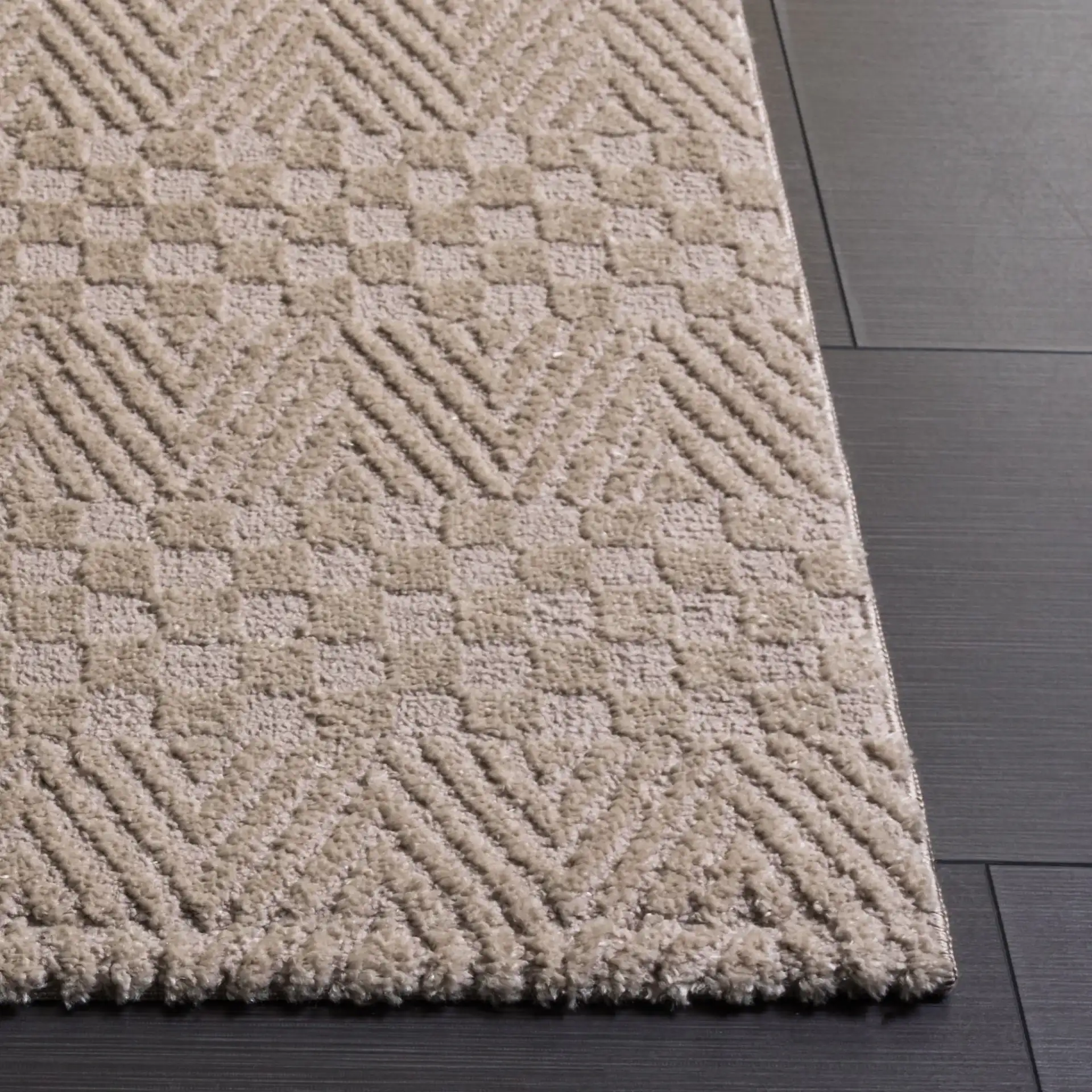 Lunara Modern Chevron Rug in Beige / Light Beige in a styled room