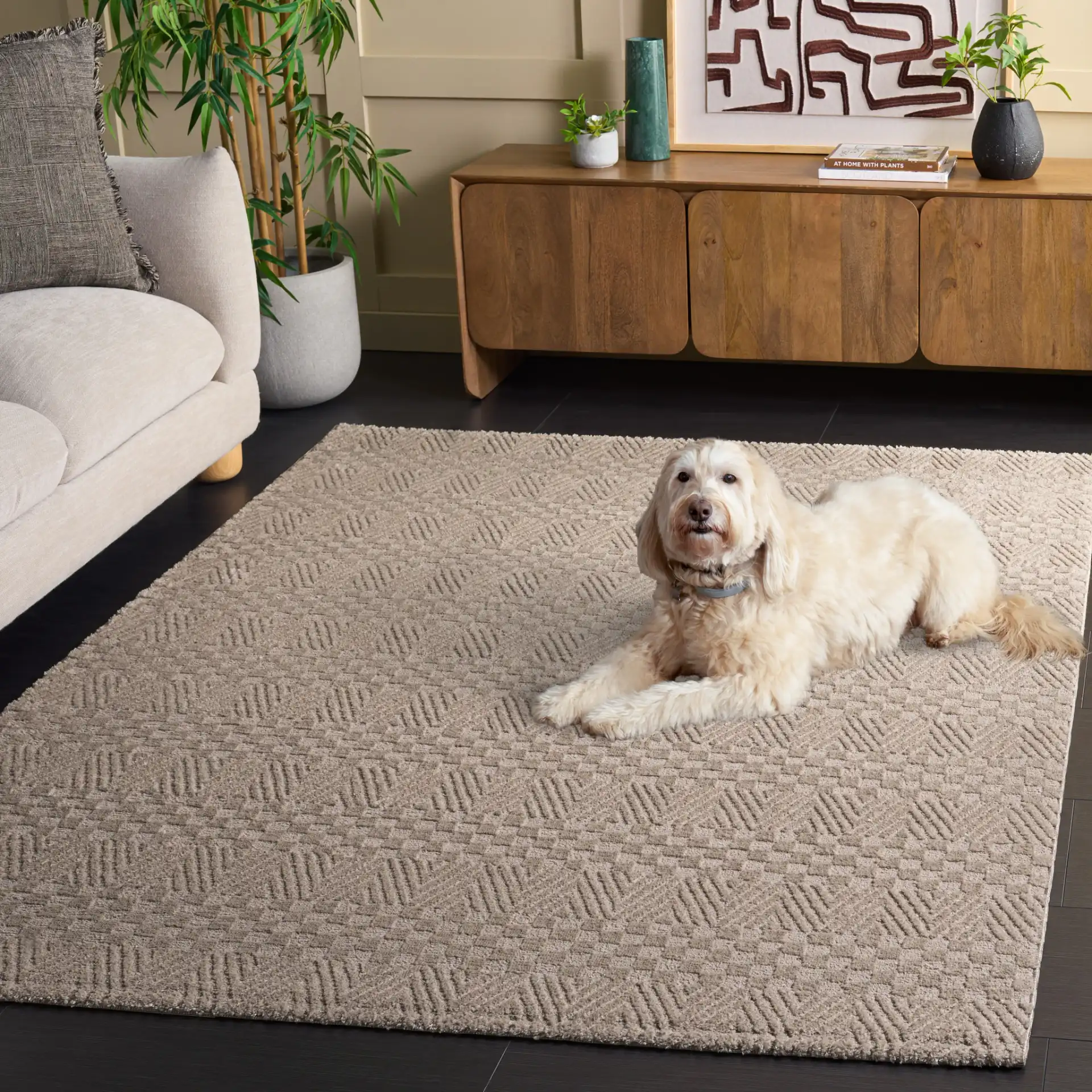 Lunara Modern Chevron Rug in Beige / Light Beige in a styled room