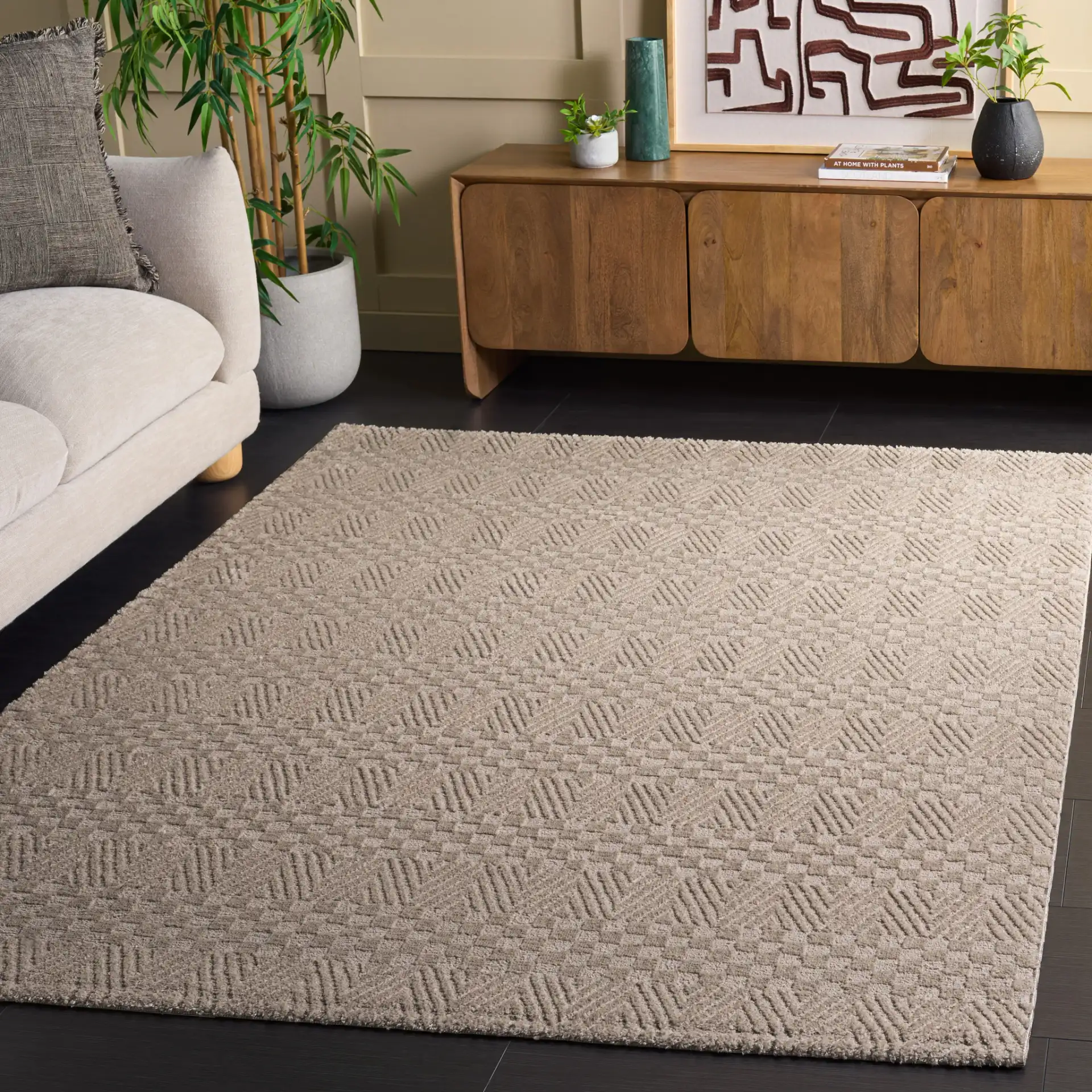 Lunara Modern Chevron Rug in Beige / Light Beige in a styled room