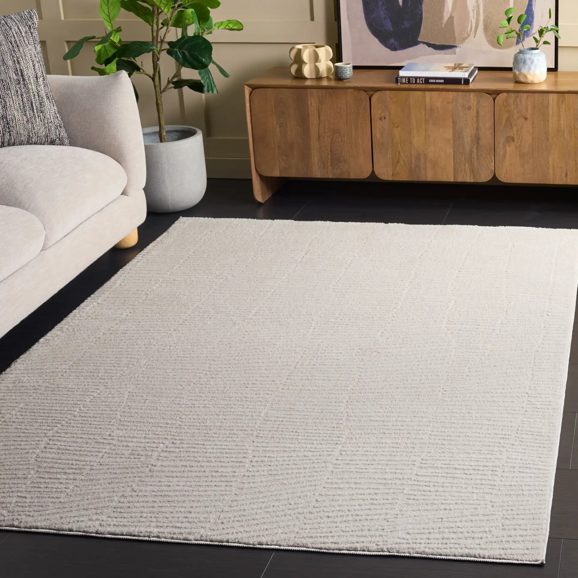 Lunara Modern Ribbed Rug in Ivory in a styled room