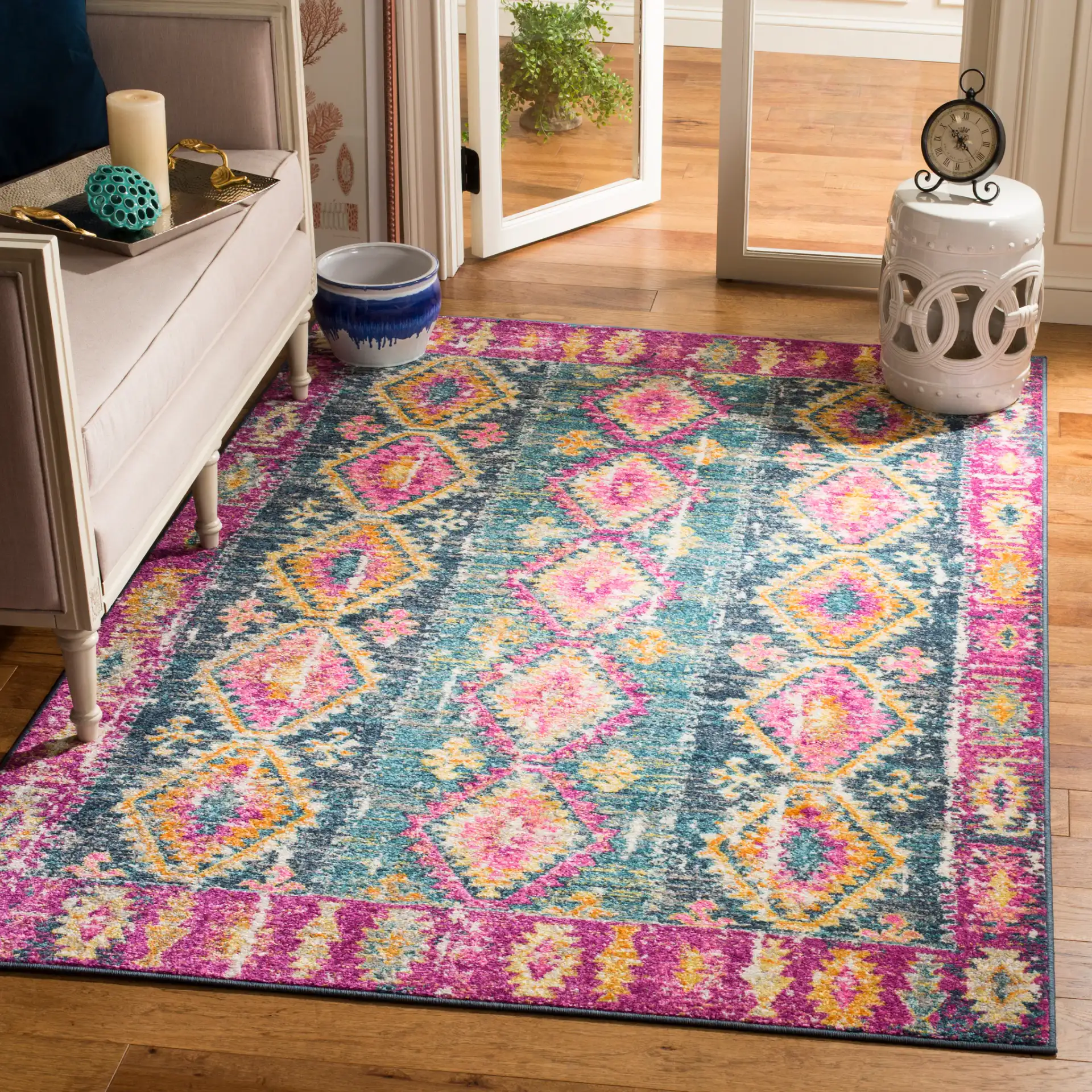 Madison Diamond Column Rug in Fuchsia / Blue in a styled room