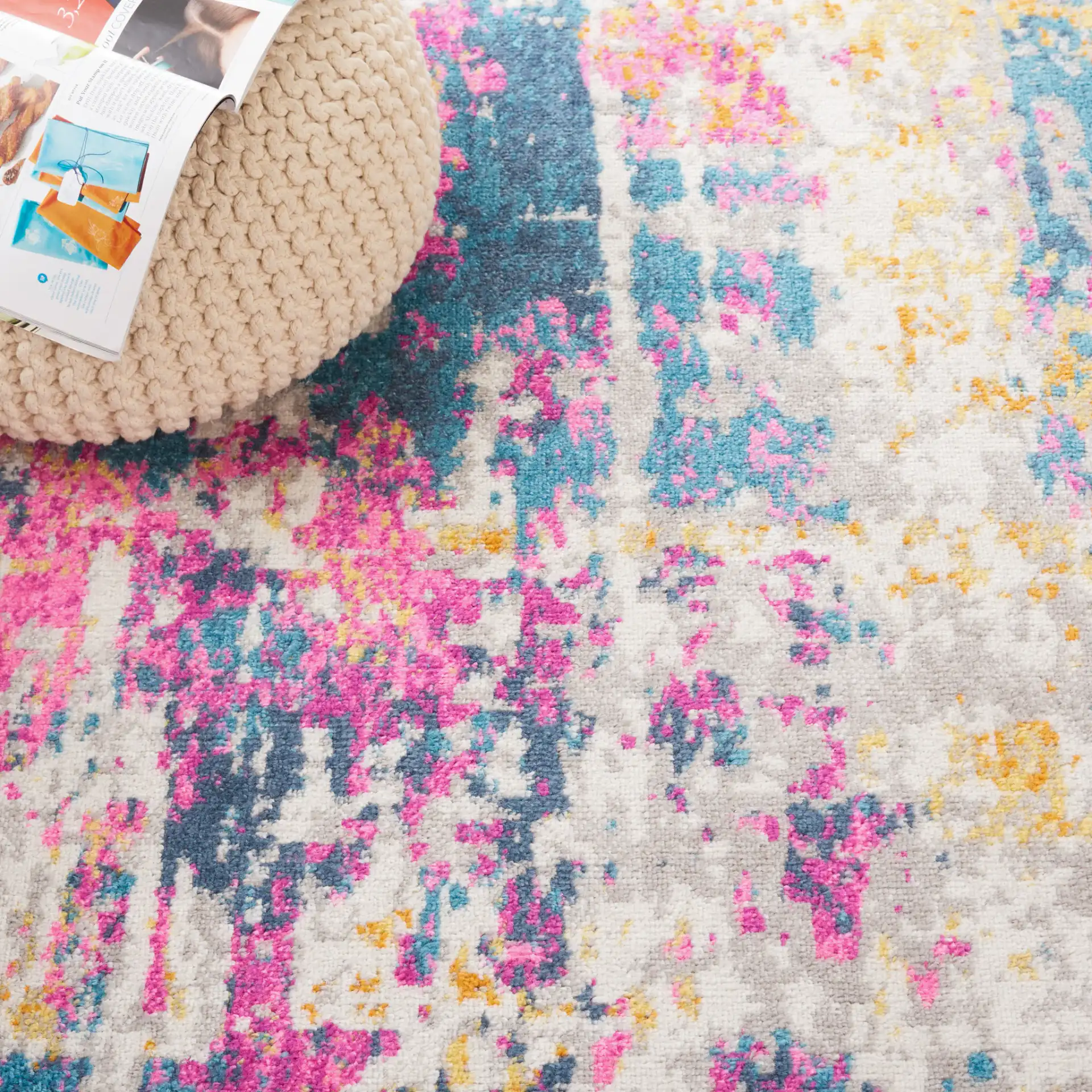 Madison Abstract Grid Rug in Ivory / Blue in a styled room