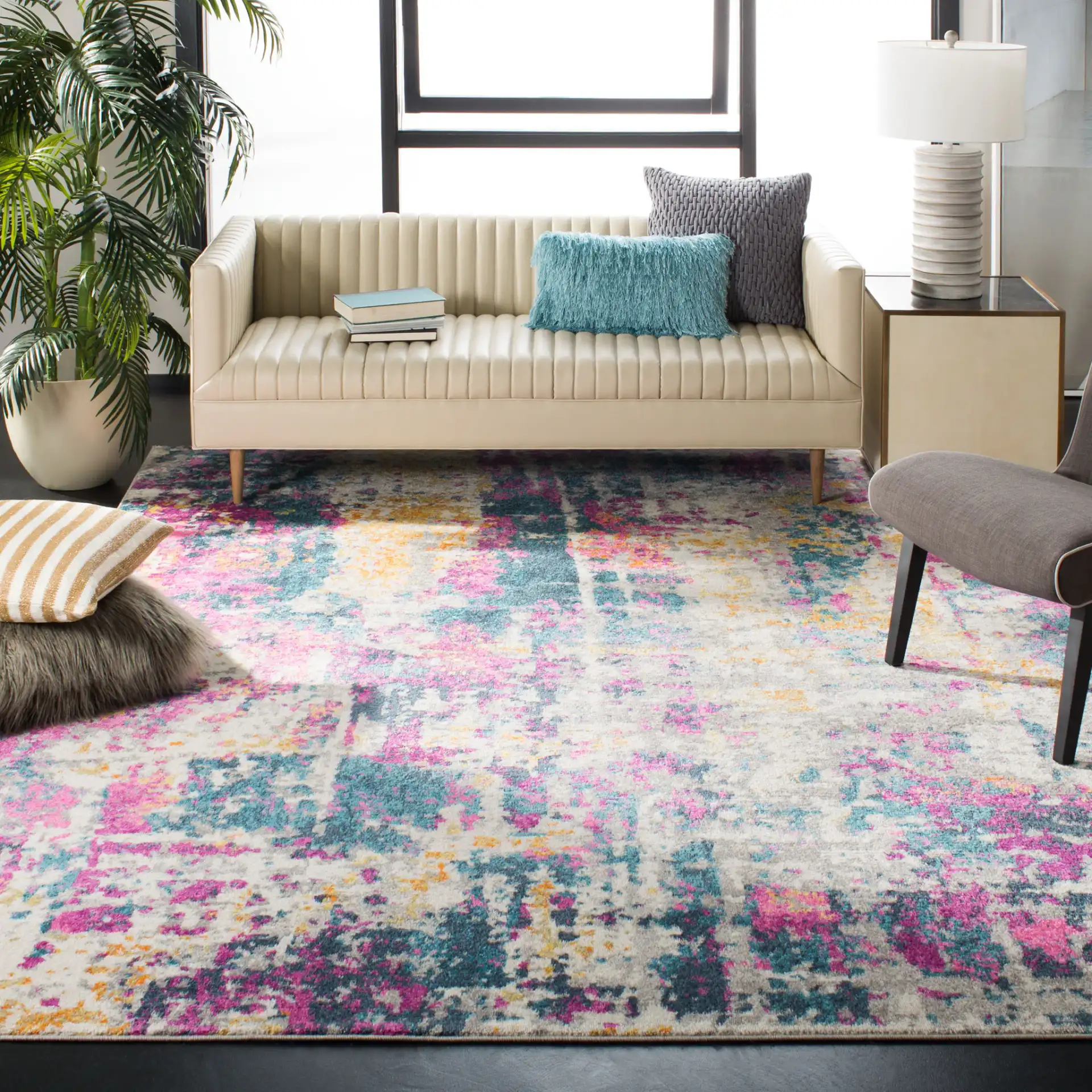 Madison Abstract Grid Rug in Ivory / Blue in a styled room