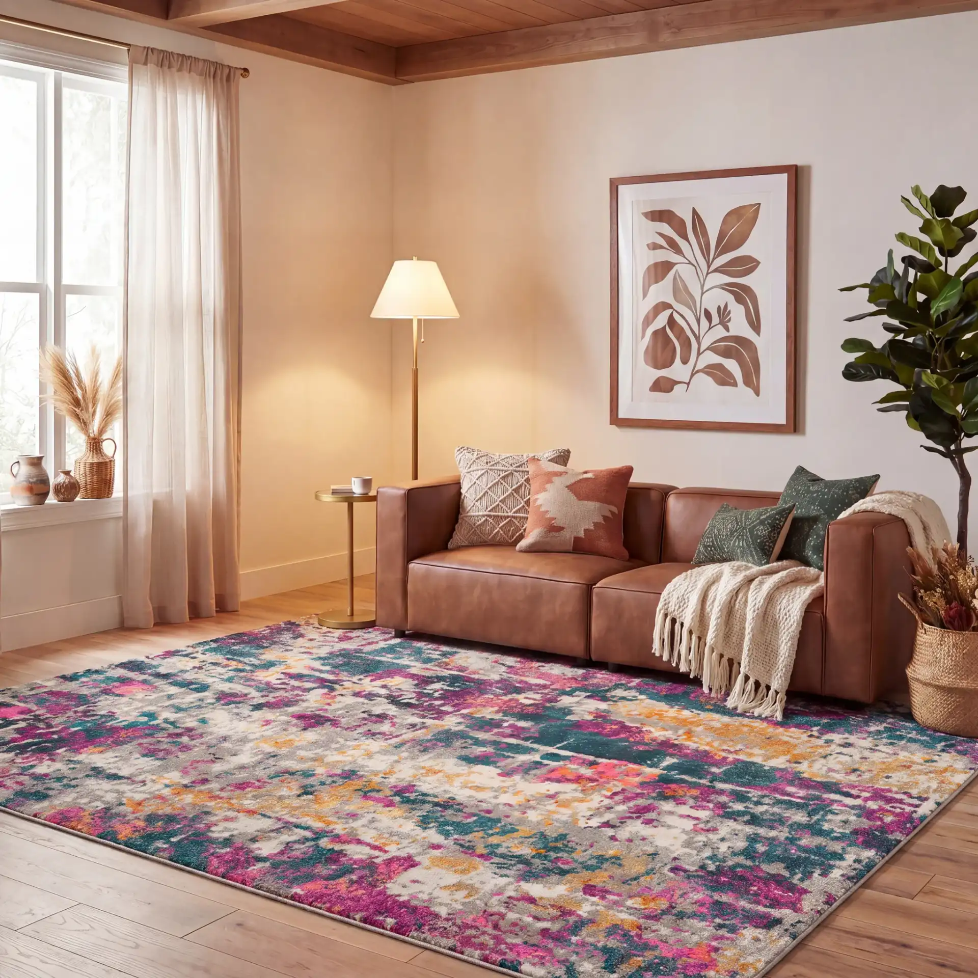 Madison Abstract Grid Rug in Ivory / Blue in a styled room