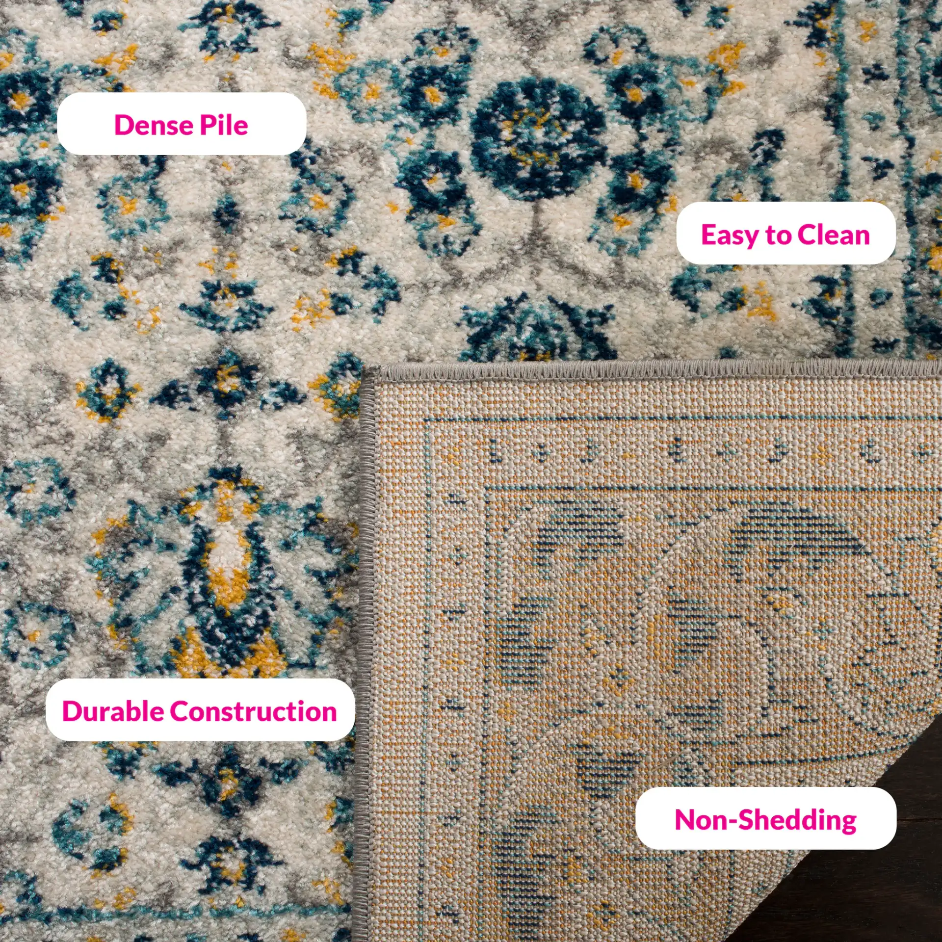 Madison Floral Bordered Rug in Ivory / Navy in a styled room