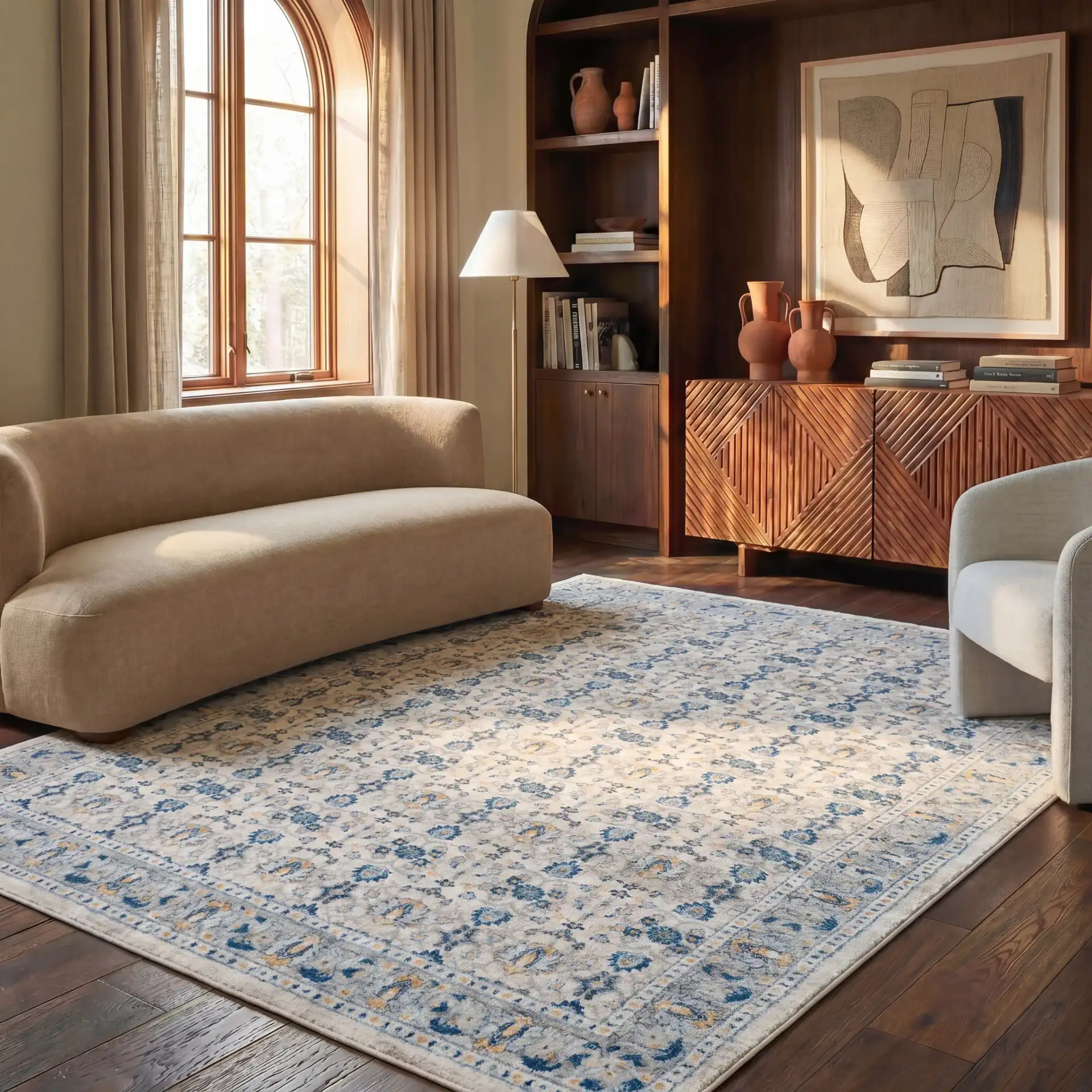 Madison Floral Bordered Rug in Ivory / Navy in a styled room