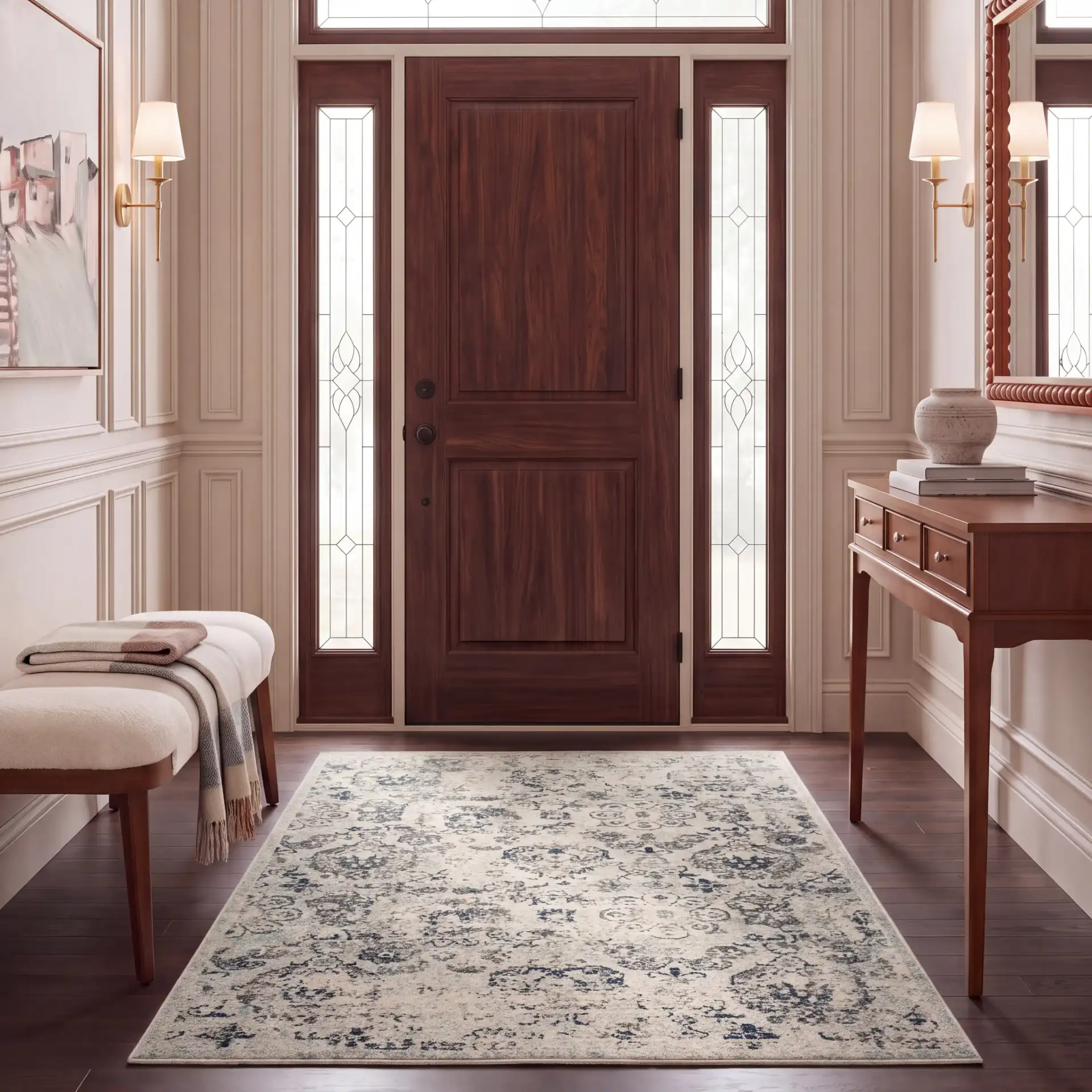 Madison Distressed Floral Allover Rug in Cream / Gray in a styled room