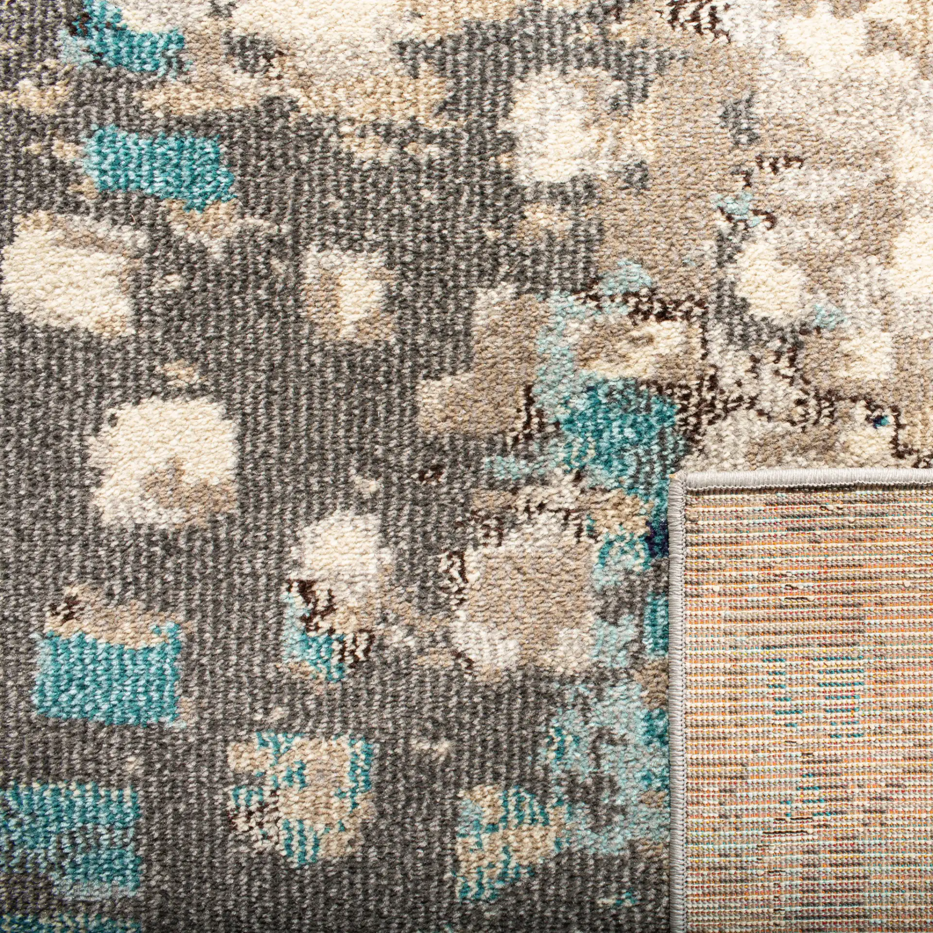 Madison Abstract Rug in Gray / Blue in a styled room