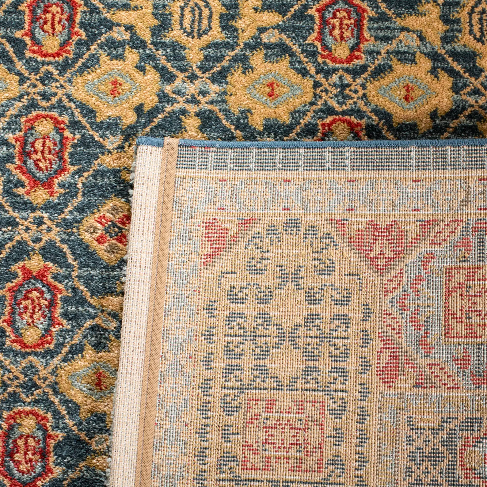 Mahal Lattice Bordered Rug in Light Blue / Red in a styled room