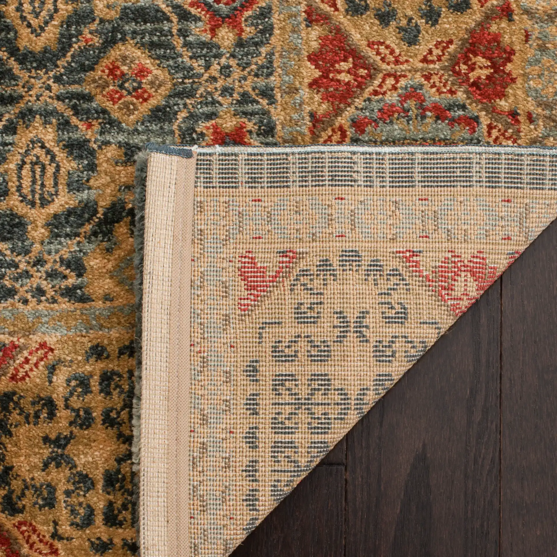 Mahal Lattice Bordered Rug in Light Blue / Red in a styled room