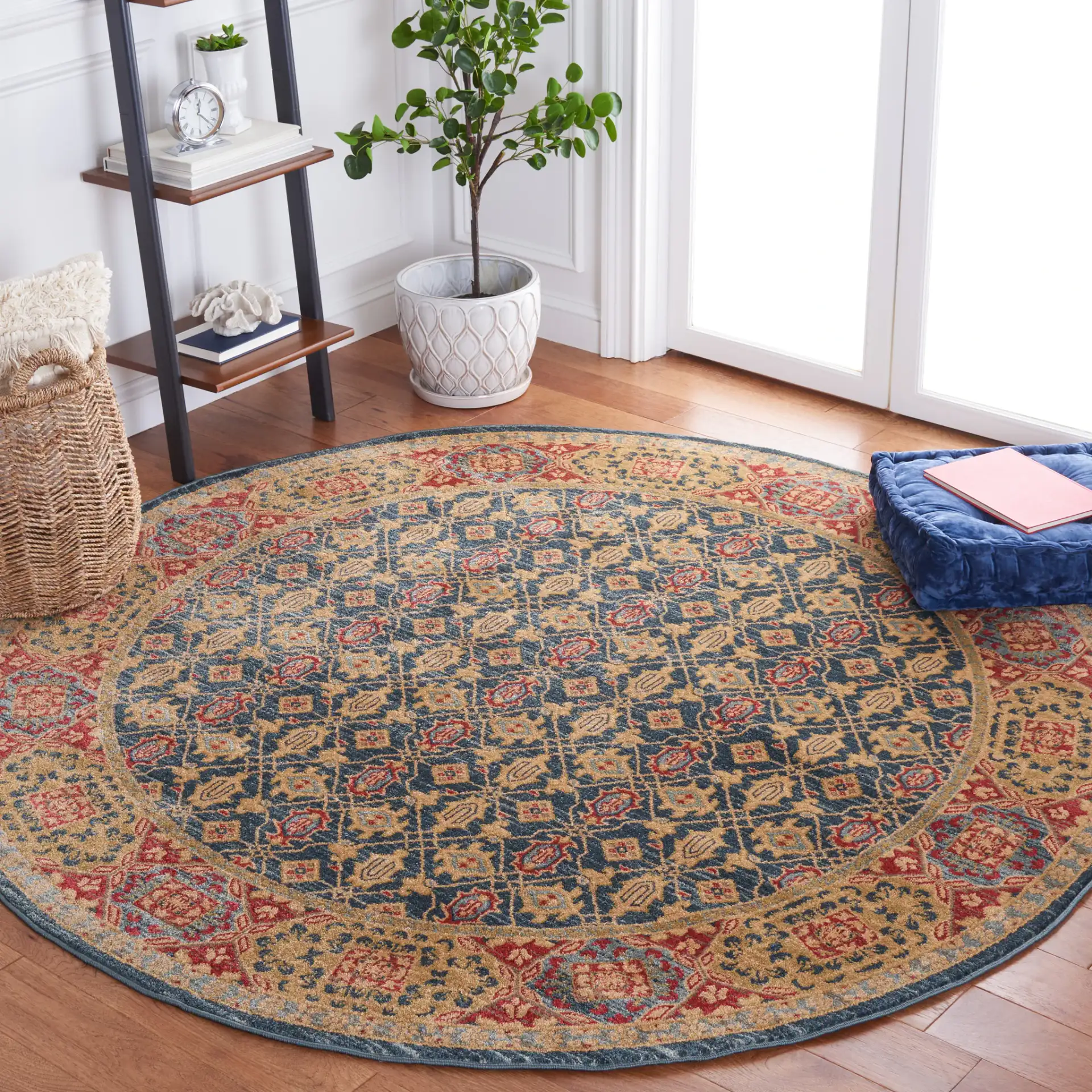 Mahal Lattice Bordered Rug in Light Blue / Red in a styled room