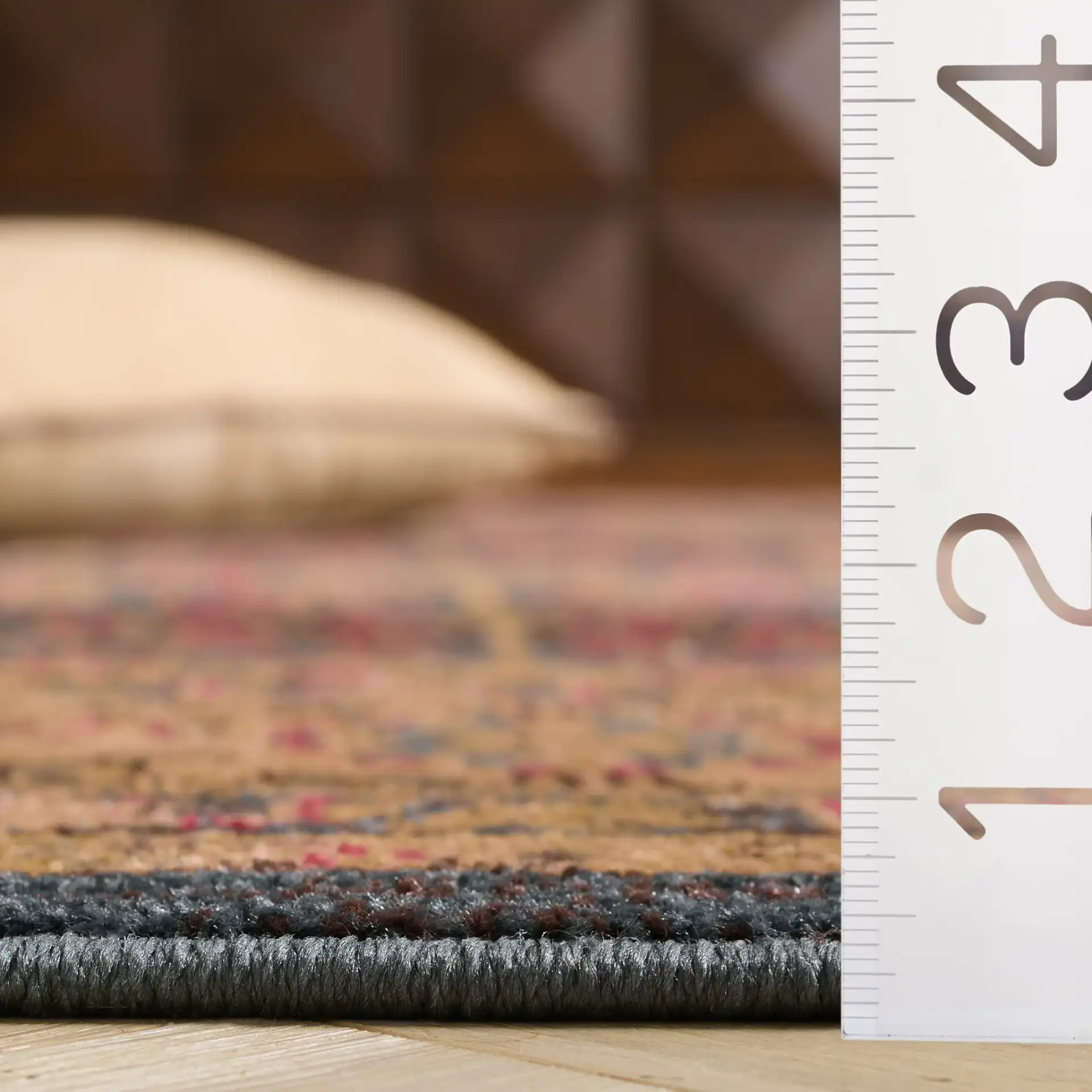 Mahal Botanical Bordered Rug in Navy / Natural in a styled room