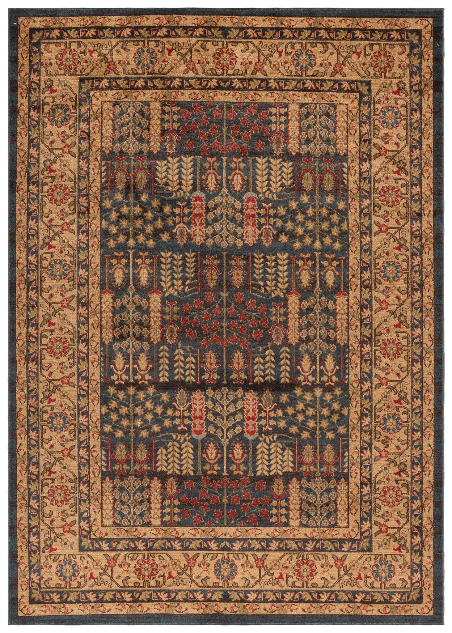 Mahal Botanical Bordered Rug in Navy / Natural