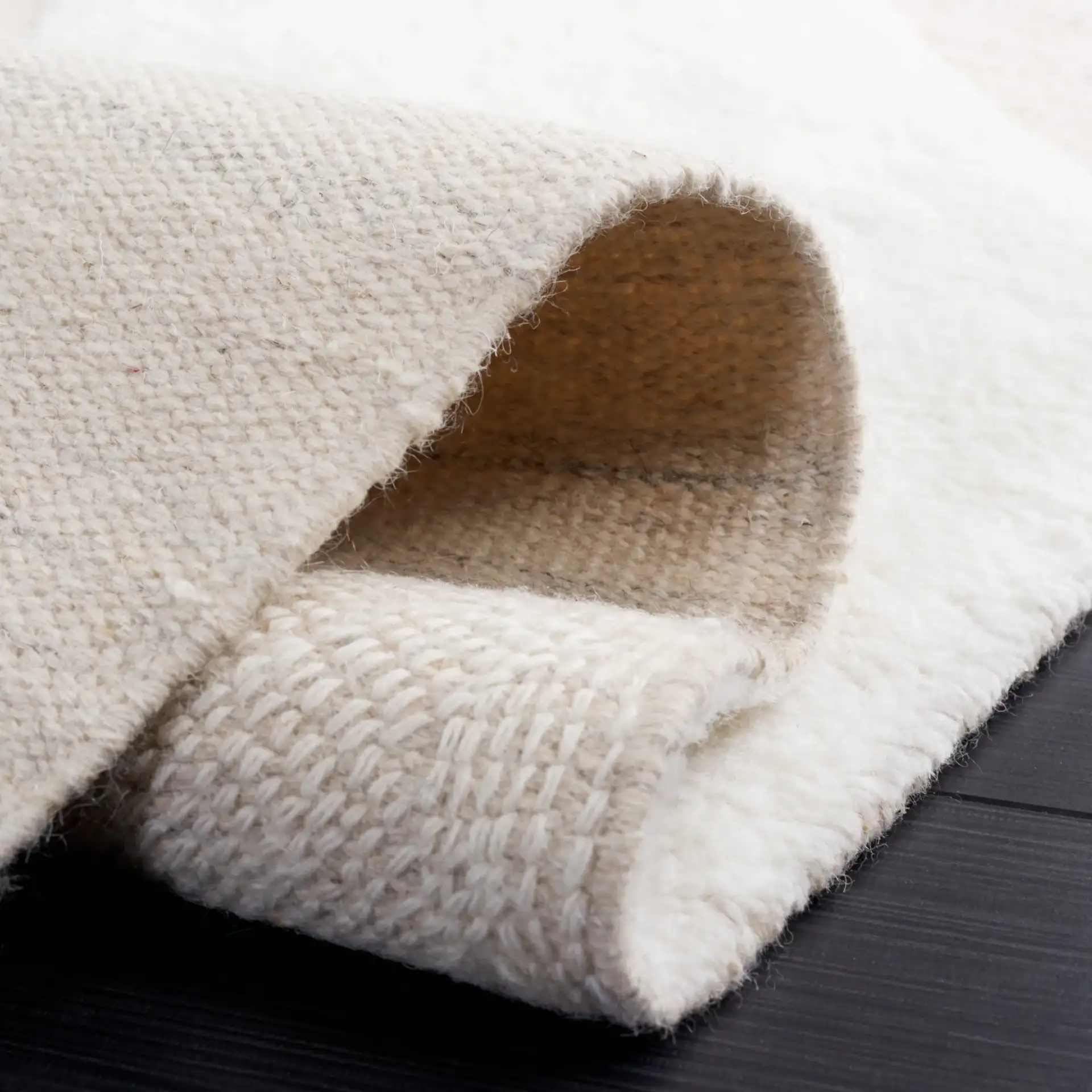 Manhattan Sweeping Arc Hand-Woven Wool Rug in Ivory / Beige in a styled room