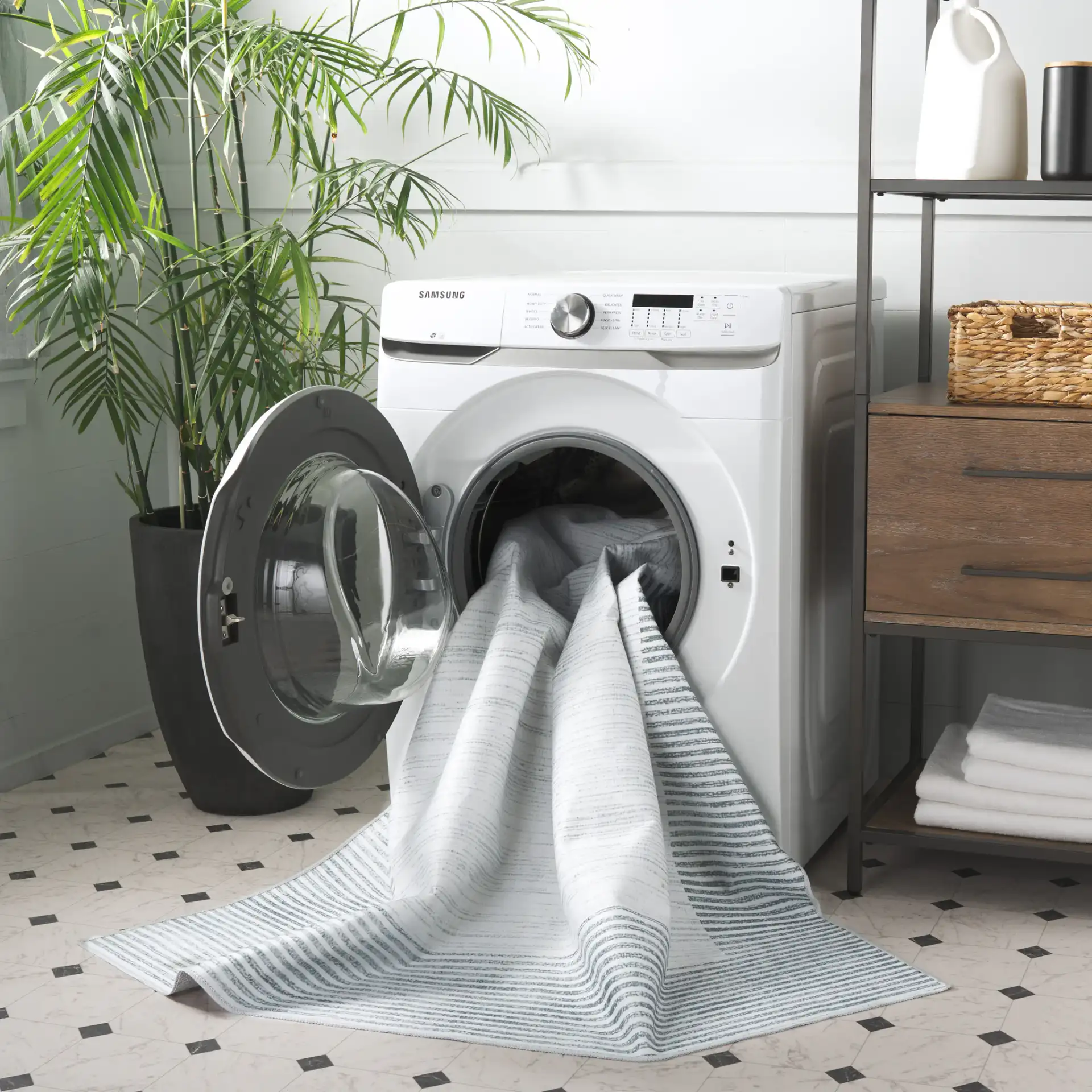 Malibu Striped Border Washable Rug in Ivory / Gray in a styled room