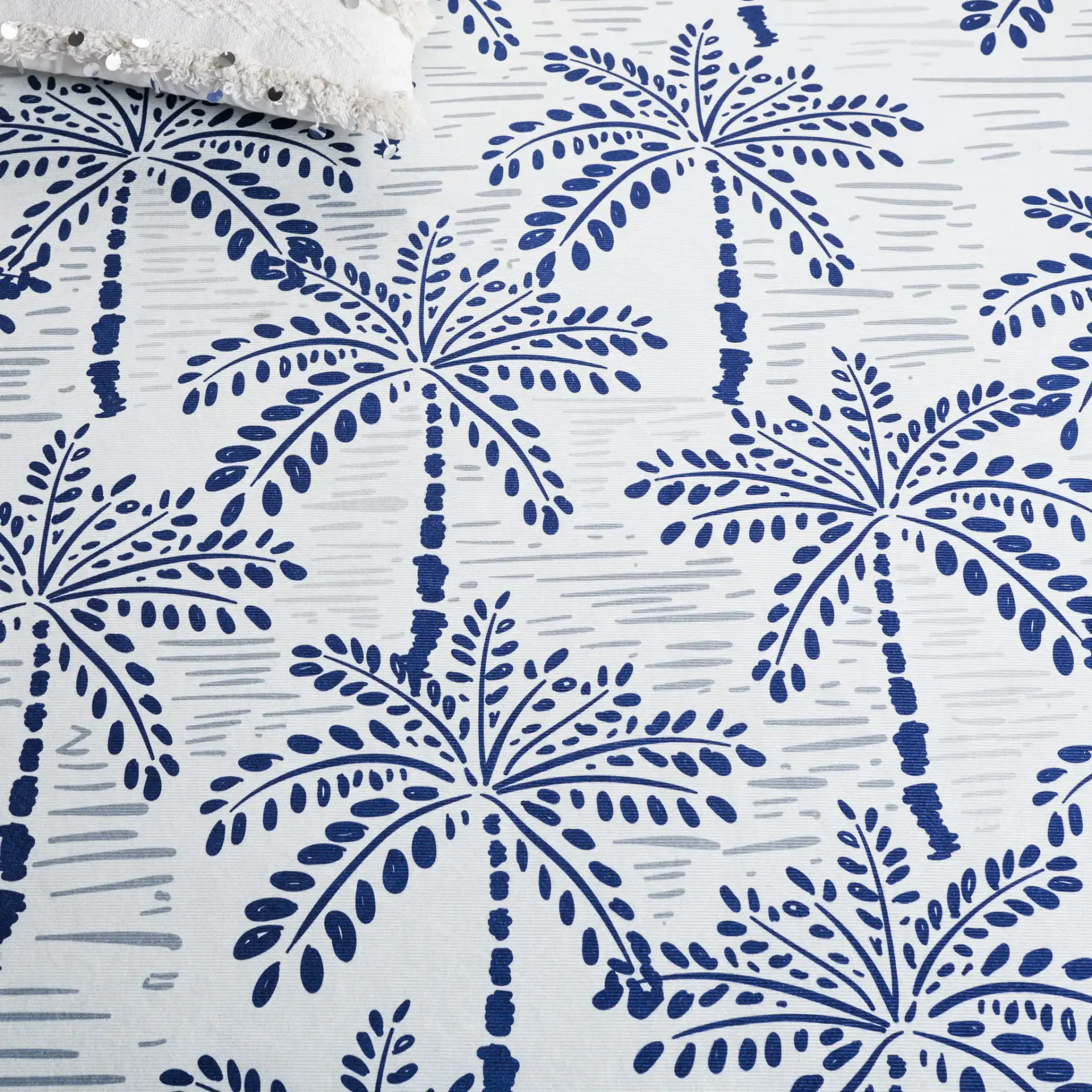 Malibu Palm Tree Washable Rug in Ivory / Navy in a styled room