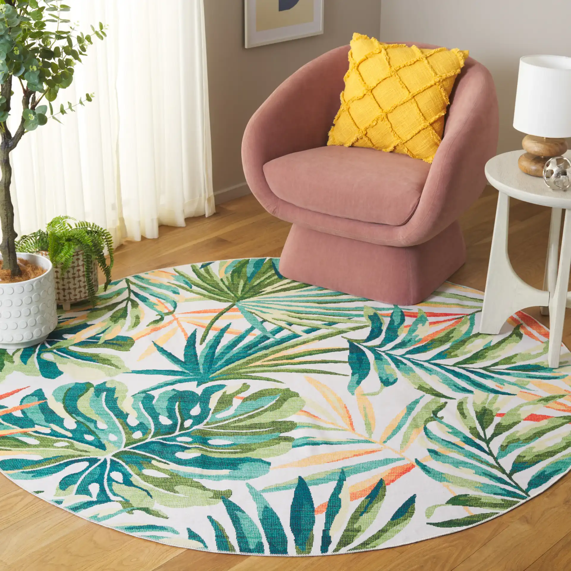 Malibu Tropical Palm Washable Rug in Ivory / Green in a styled room